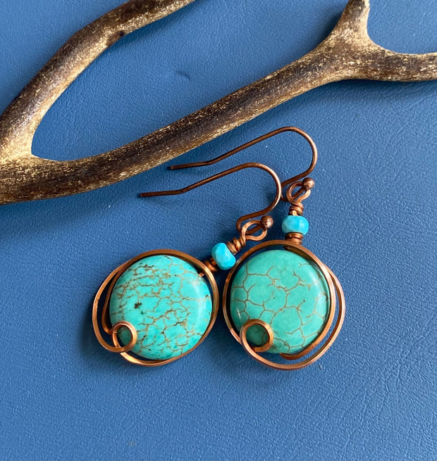 Wire Wrapped Turquoise Earrings, Howlite Turquoise Gemstone Herringbone Dangle Earrings in Copper, Gemstone Copper Earrings,