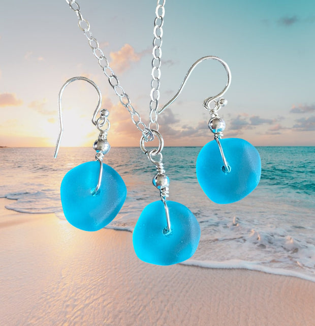 Turquoise Blue Beach Glass Jewelry, Blue Sea Glass  Necklace and Earrings in Sterling Silver, Sea Glass Necklace,  Sea Glass Jewelry SET,