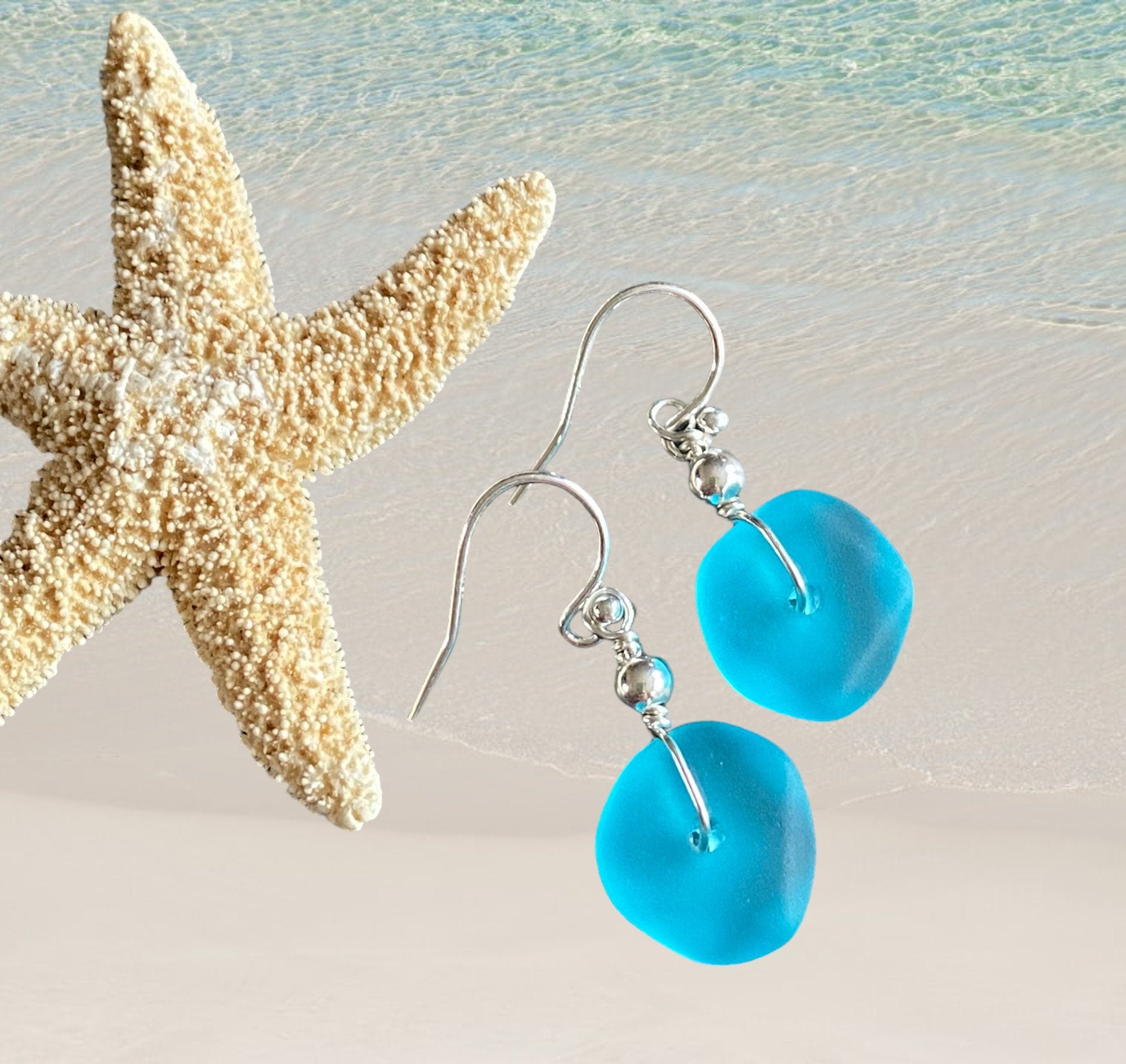 Turquoise Blue Beach Glass Jewelry, Blue Sea Glass  Necklace and Earrings in Sterling Silver, Sea Glass Necklace,  Sea Glass Jewelry SET,