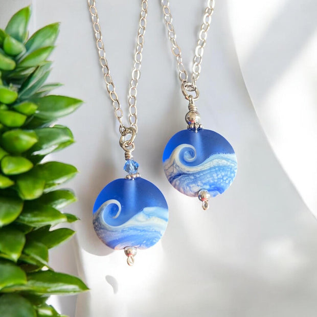 Wave Lampwork  Necklace in .925 Sterling Silver, Ocean Wave Necklace, Blue Beach Wave Sea Glass Necklace, Nautical Sea Glass Jewelry for Her