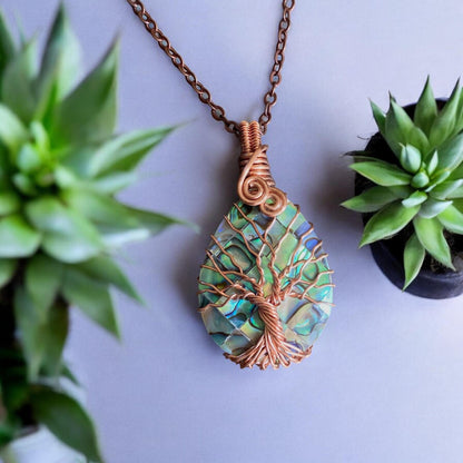 Frameless Abalone Necklace, Wire Wrapped Abalone Pendant,Abalone Tree of Life Necklace  Leather,Abalone Necklace Copper,Paua Shell Jewelry