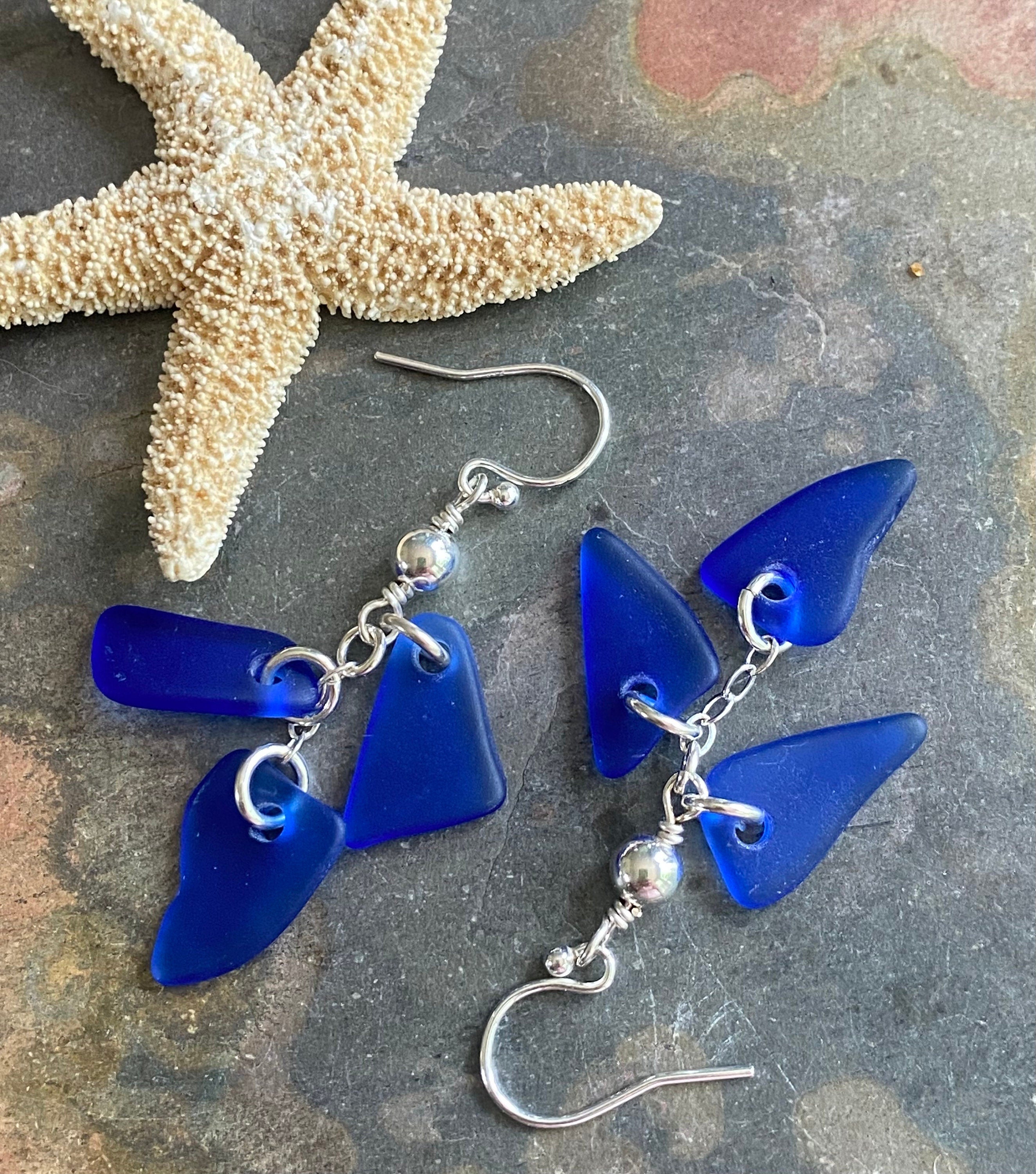Blue Sea Glass Earrings in Sterling Silver, Cobalt Blue Sea Glass Dangling Earrings, Beach Wedding Jewelry, Coastal Ocean Inspired Jewelry