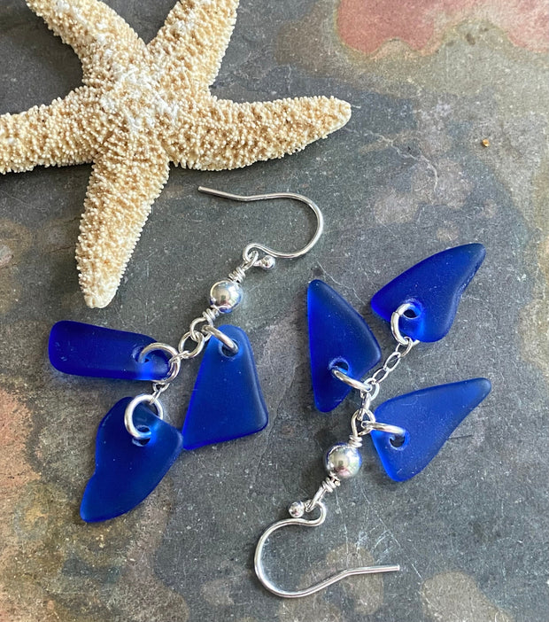 Blue Sea Glass Earrings in Sterling Silver, Cobalt Blue Sea Glass Dangling Earrings, Beach Wedding Jewelry, Coastal Ocean Inspired Jewelry