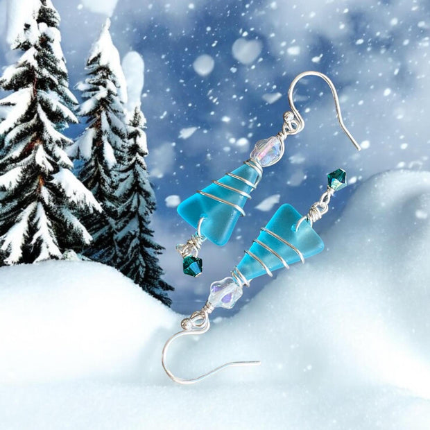 Holiday Dangle Earrings, Ready Ship in ONE day, Sea Glass Christmas Tree Earrings, Beach Glass Christmas Tree Earrings, Sea Glass Jewelry,