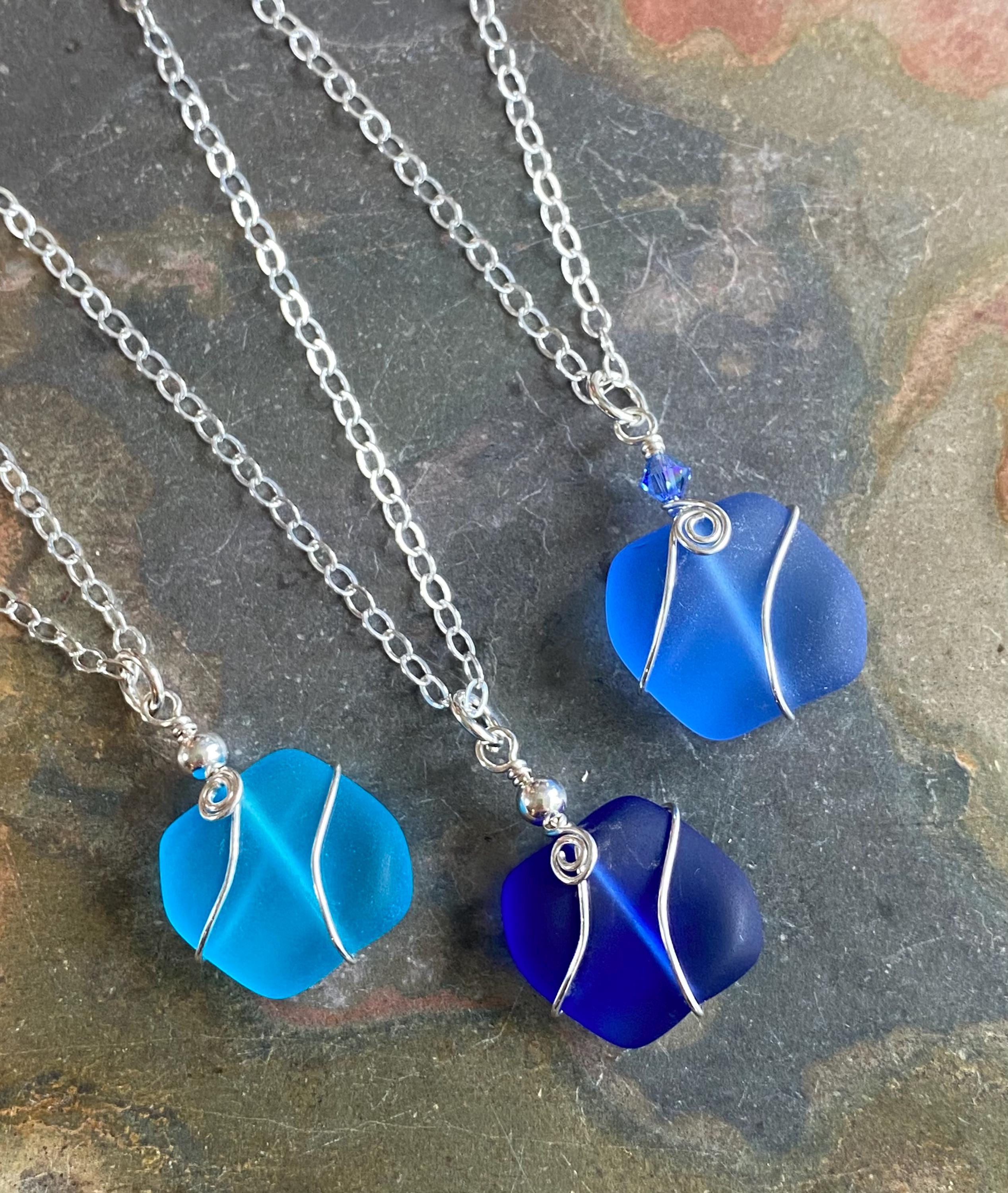 Wire Wrapped Sea Glass Necklace in Sterling Silver, Sea Glass Wavey design Blue, Green, Periwinkle Necklace, Ocean inspired Jewelry