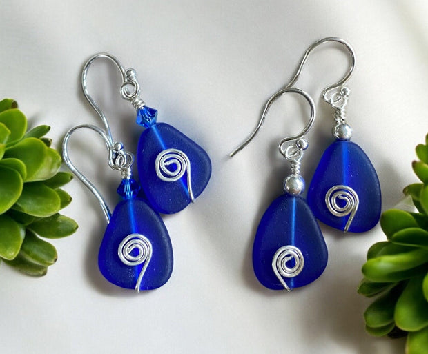Blue Sea Glass Earrings, Cobalt Blue Sea Glass Earrings in STERLING SILVER, Beach Weddings, Beach Glass Jewelry, Cobalt Sea glass Earrings,