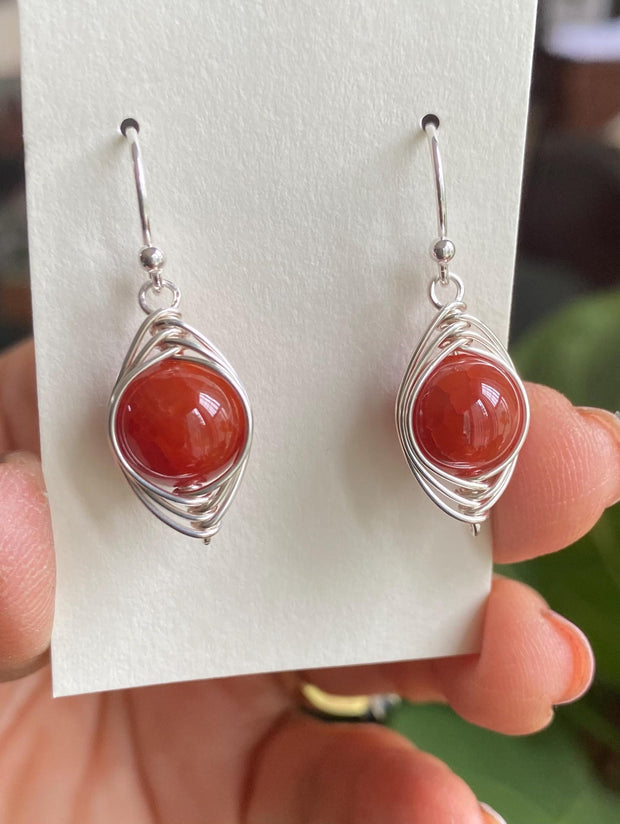 Wire Wrapped Fire Agate Earrings, Orange Fire Agate Gemstone Earrings, Agate Herringbone Earrings in Copper, Fire Agate Copper Earrings,