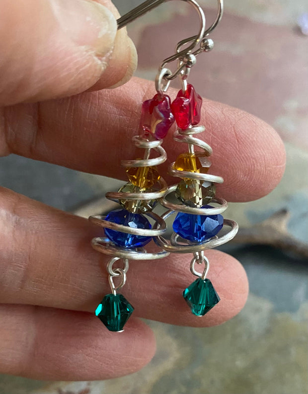READY to  SHIP in 1 to 2  days, Christmas Tree Earrings, Wired Christmas Earrings, Swirled Christmas Tree dangling Earrings, Holiday jewelry