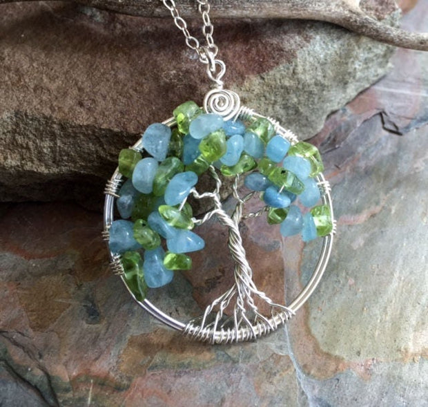 Sterling Silver Tree of Life Pendant Aquamarine/Peridot Gemstone Tree of Life Pendant