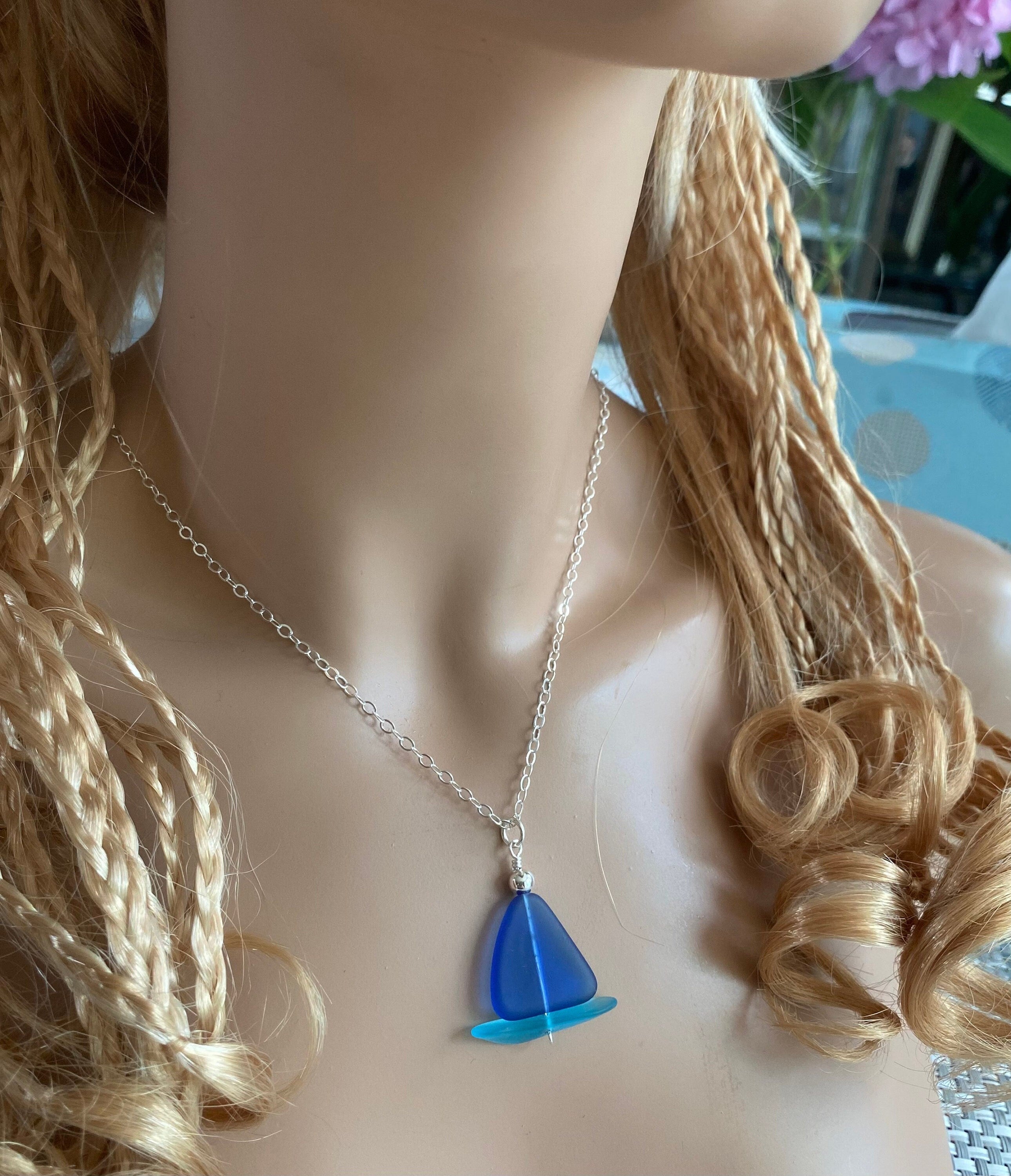 Sterling Silver Sailboat Necklace with chain,Beach Glass Necklace, Cobalt Blue Sea Glass Necklace,Beach Weddings,Bridesmaid Necklace/jewelry