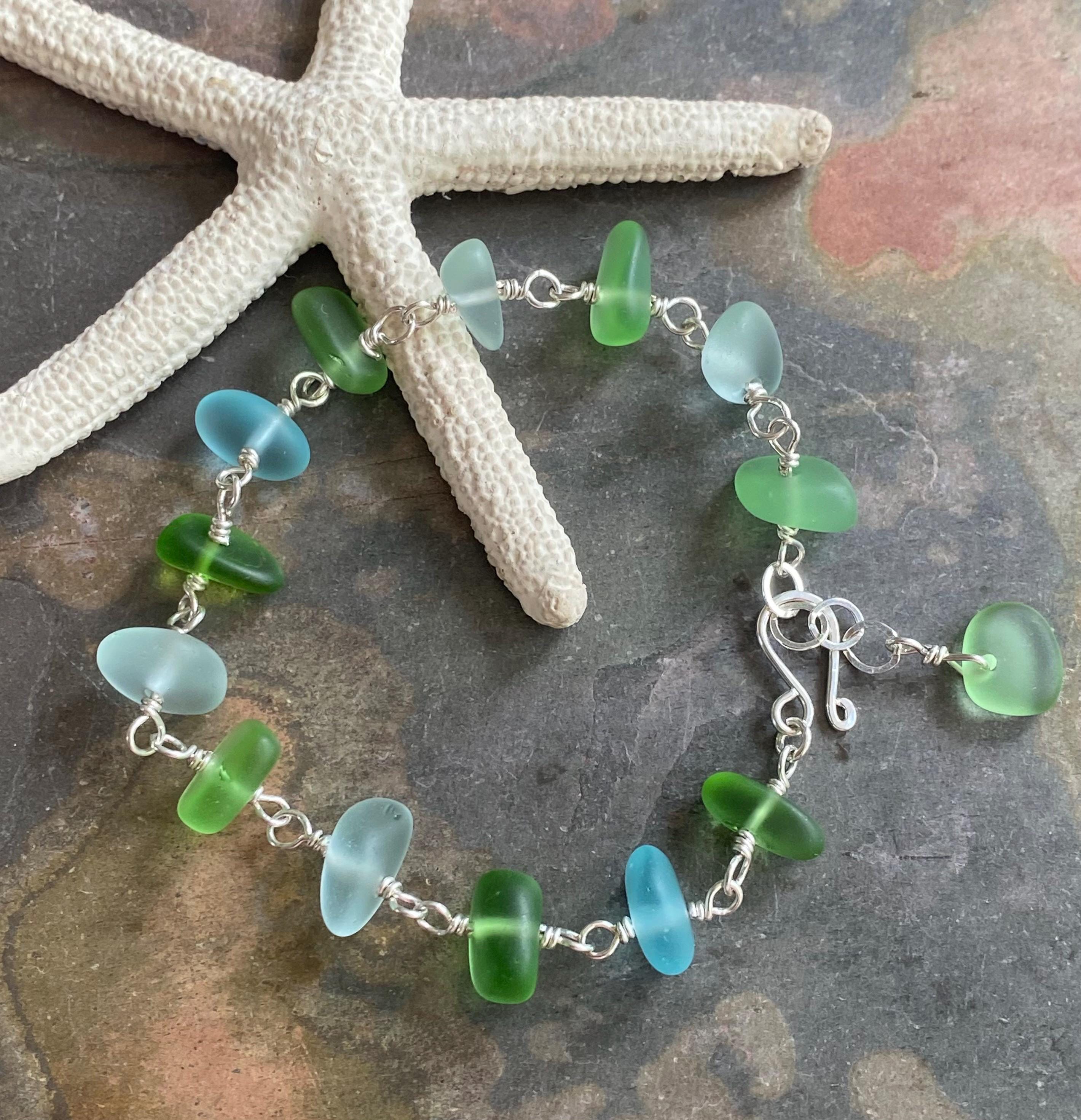 Sterling Silver Sea Glass Bracelet, Custom Sea Glass Bracelet, Personalized Bracelet  for Her, Chain Link Bracelet, Friendship Bracelet