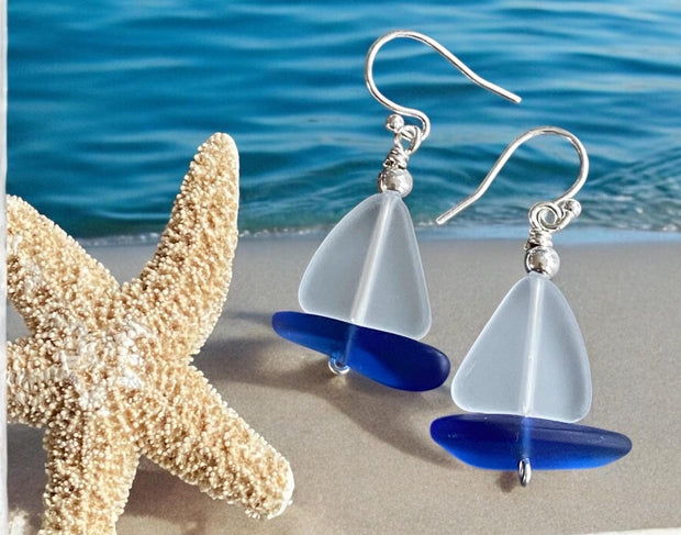 Sailboat Sea Glass Earrings in Sterling Silver, Beach glass Earrings, Ocean-Inspired Crystal White Sea Glass Sailboat Earrings