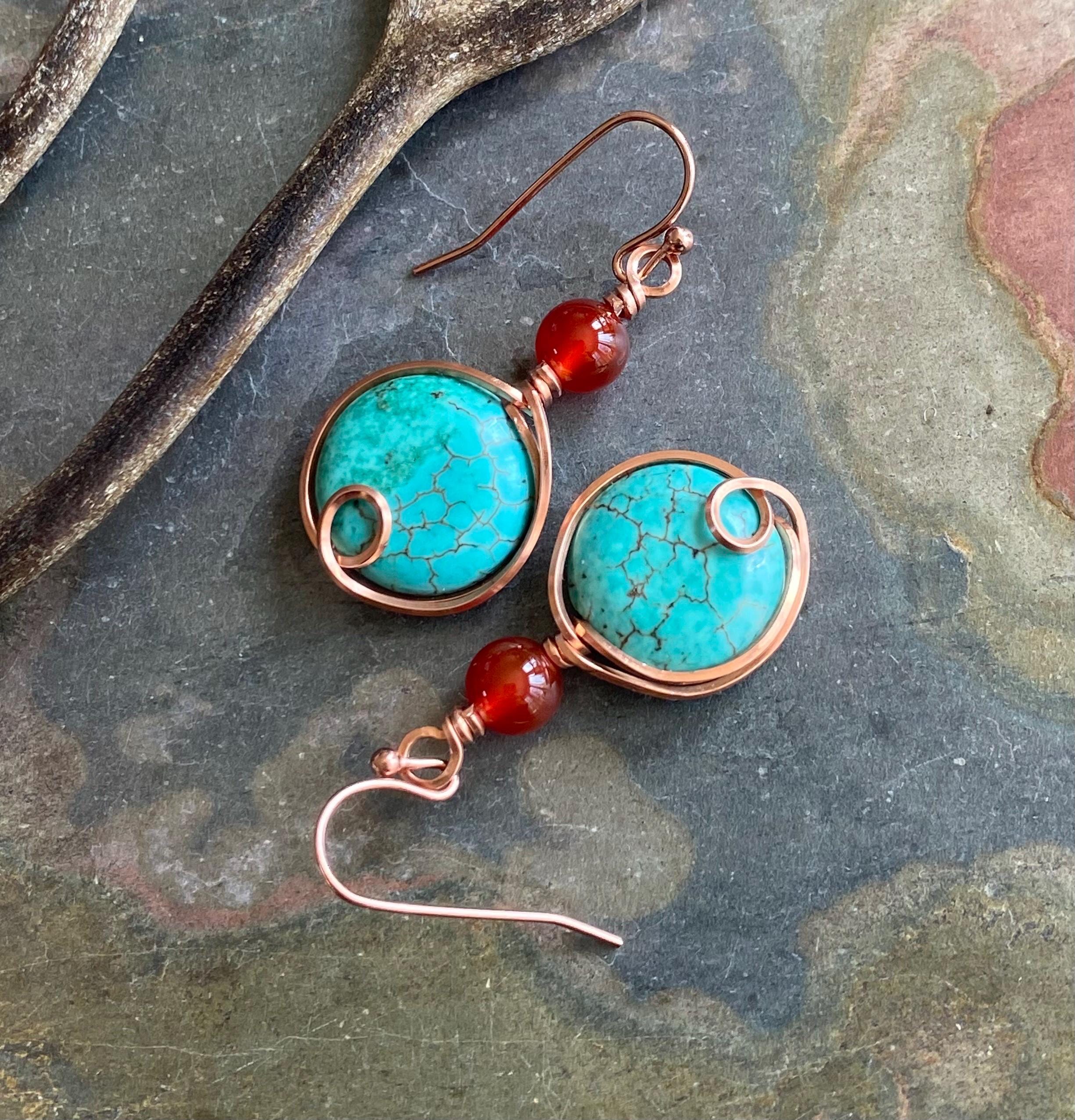 Turquoise Carnelian Earrings in Copper, Wire Wrapped Howlite Turquoise  Dangle Earrings,   Rustic Jewelry, Handmade Jewelry, Gifts for Women