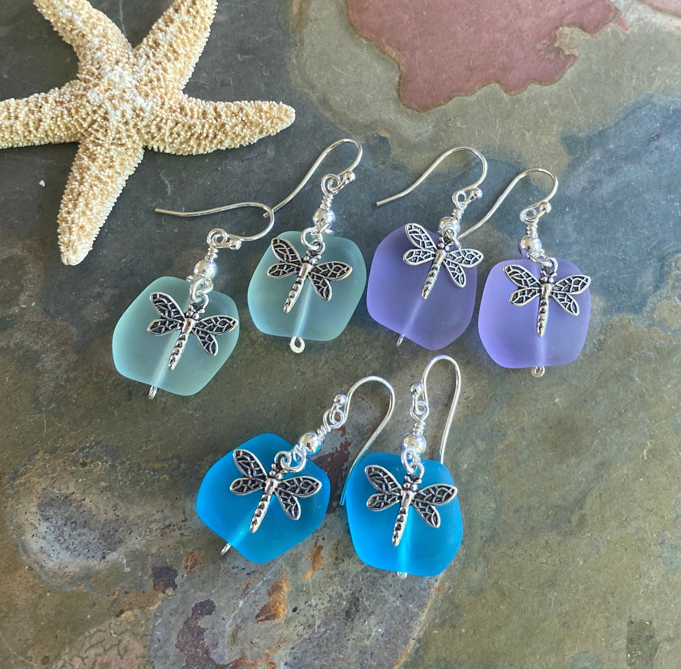 Sterling Silver Sea Glass Dragonfly Charm Earrings,Periwinkle SeaGlass Earrings, Beach Weddings,Blue earring, Green Sea glass Earrings,