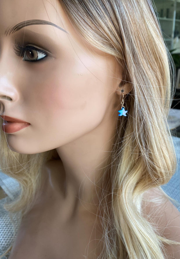 Starfish Earrings in Sterling Silver, Beach Style Summer Jewelry, Summer Vibes Ocean Theme Opal Starfish  dangling Earrings, Opal Earrings