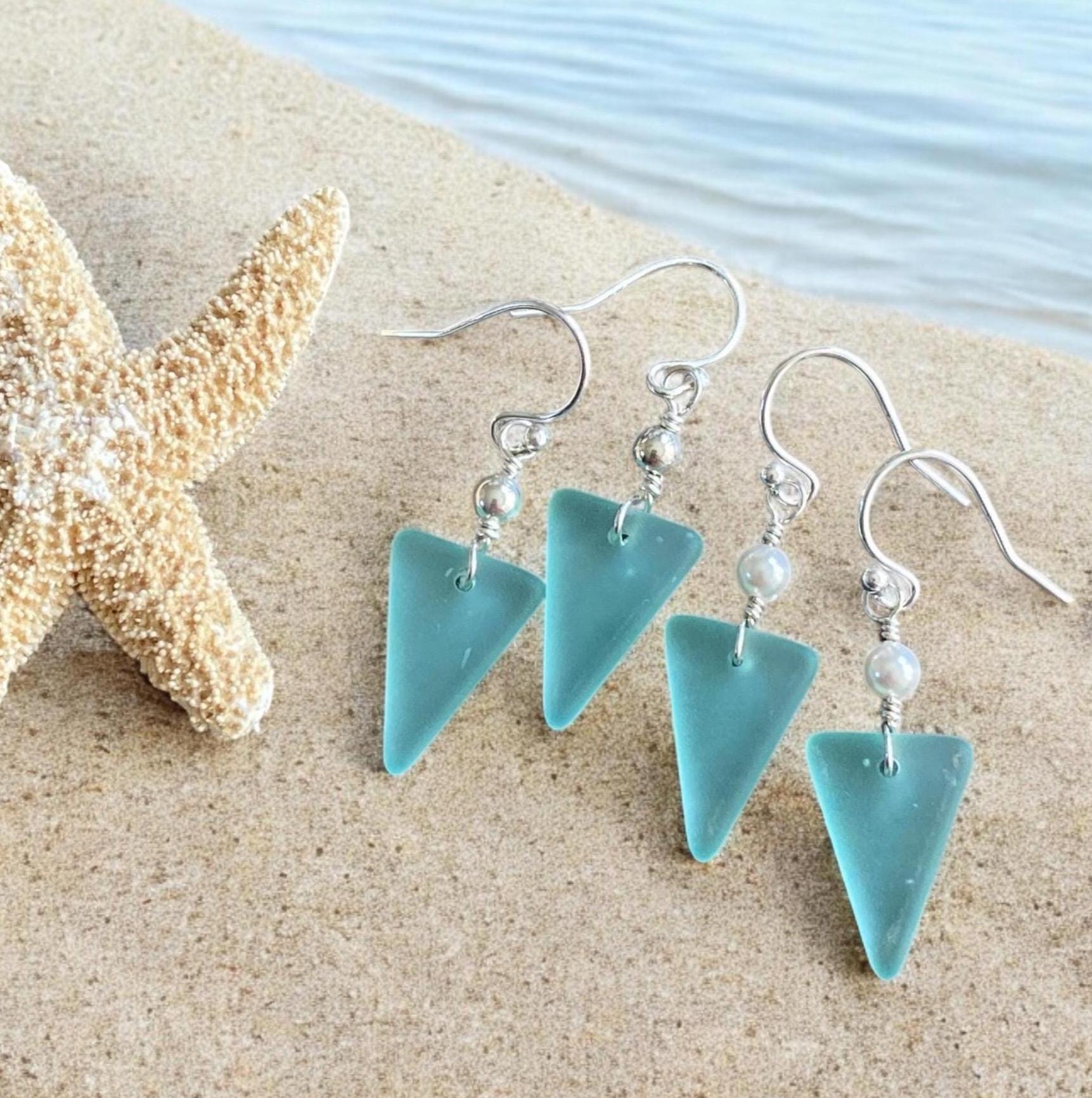 Seafoam Sea glass Triangle designed Earring in Sterling Silver, Wire Wrapped Sea Glass Earrings, Everyday Casual Dangling  Earrings,