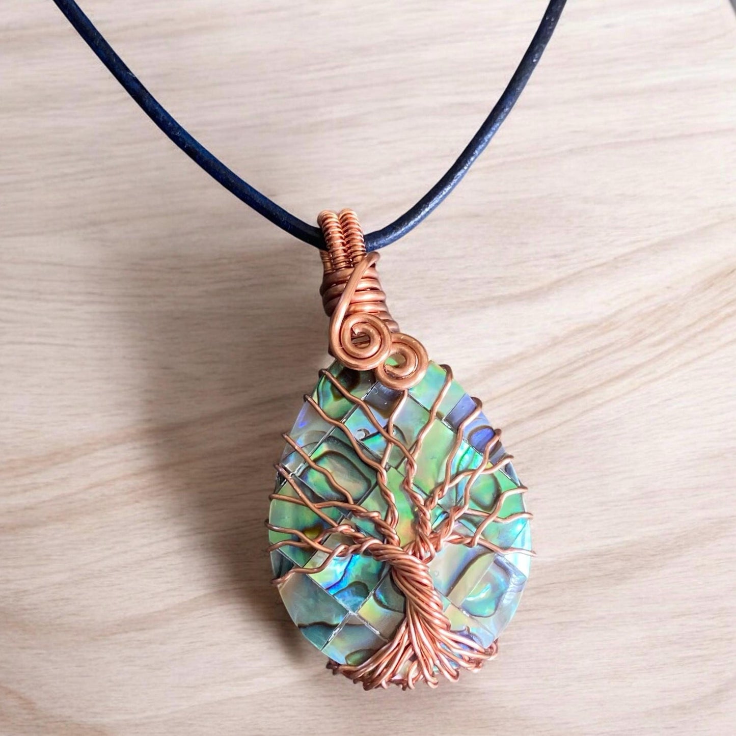Frameless Abalone Necklace, Wire Wrapped Abalone Pendant,Abalone Tree of Life Necklace  Leather,Abalone Necklace Copper,Paua Shell Jewelry