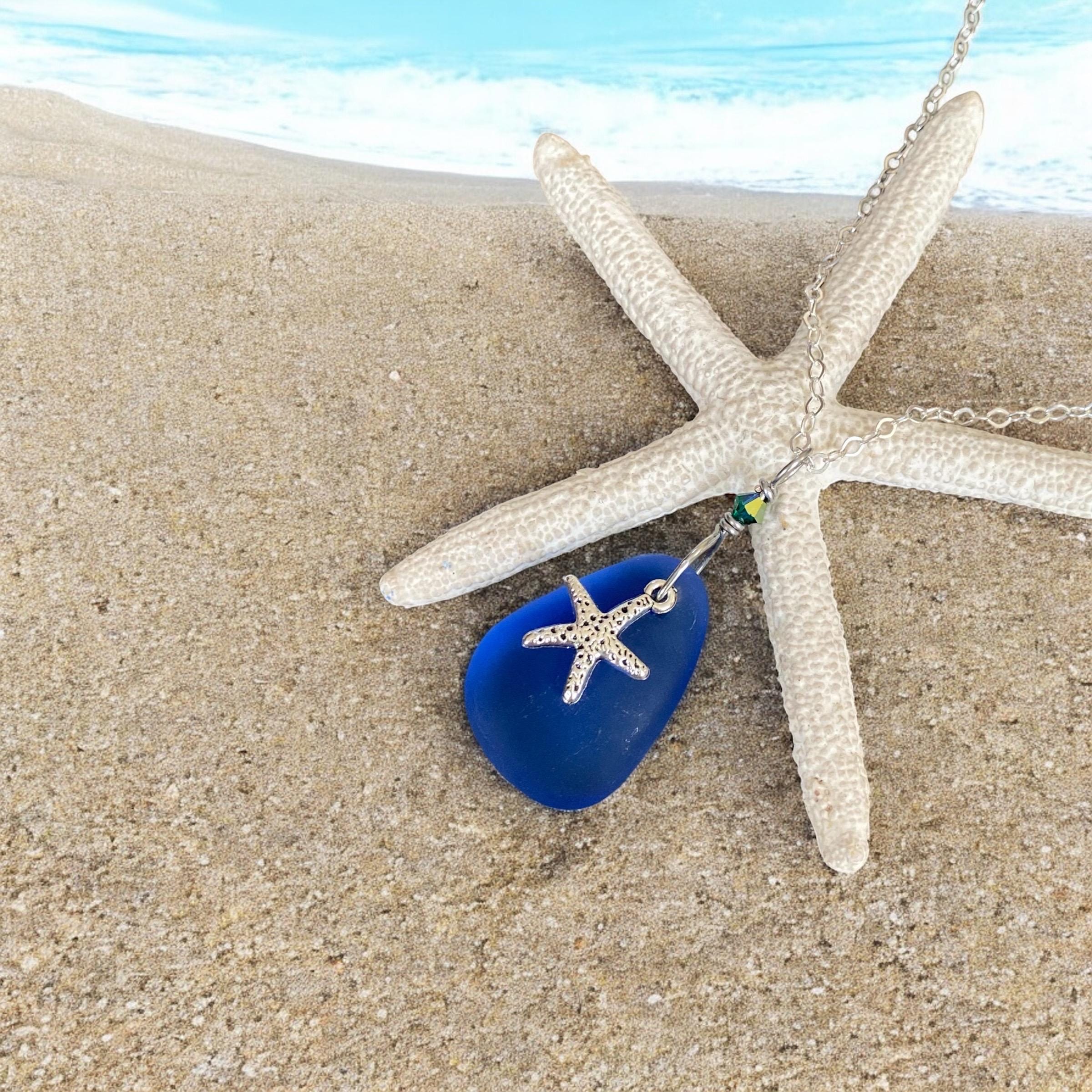 Beach Glass Necklace Starfish Charm in .925 Sterling Silver, Blue Sea Glass Necklace, Starfish Necklace, Wire Wrapped Blue Sea Glass Pendant