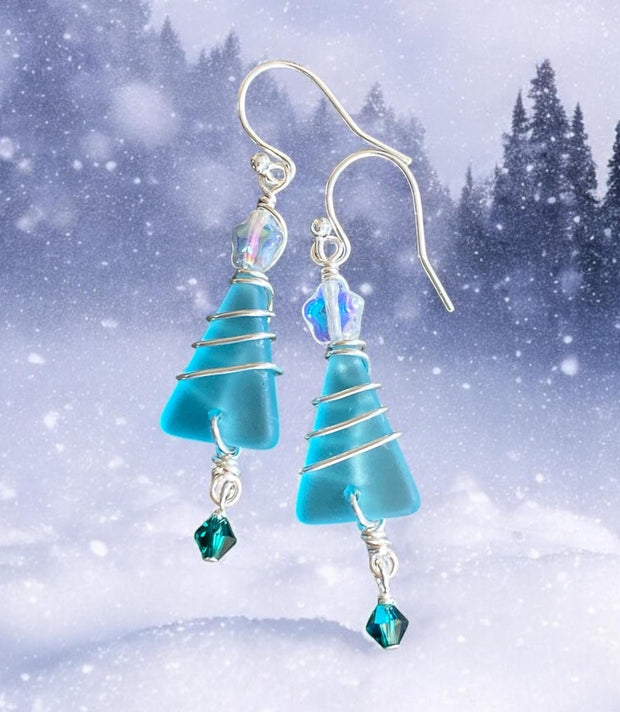 Christmas Tree Earrings, Seafoam Green Sea Glass Christmas Dangle Earrings,