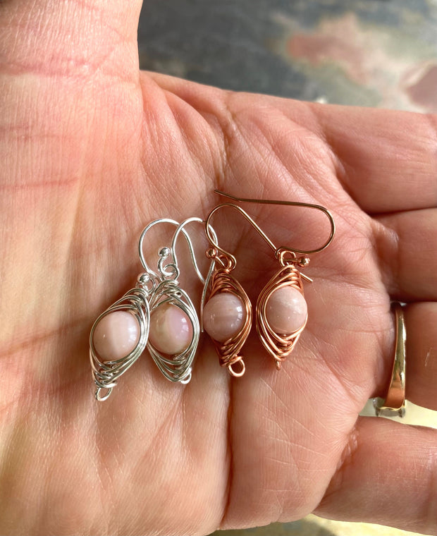 Pink Peruvian Opal Earrings in Sterling Silver/Copper wires, Wire Wrapped Pink Opal Dangling Earrings, Opal Earrings for October Birthday
