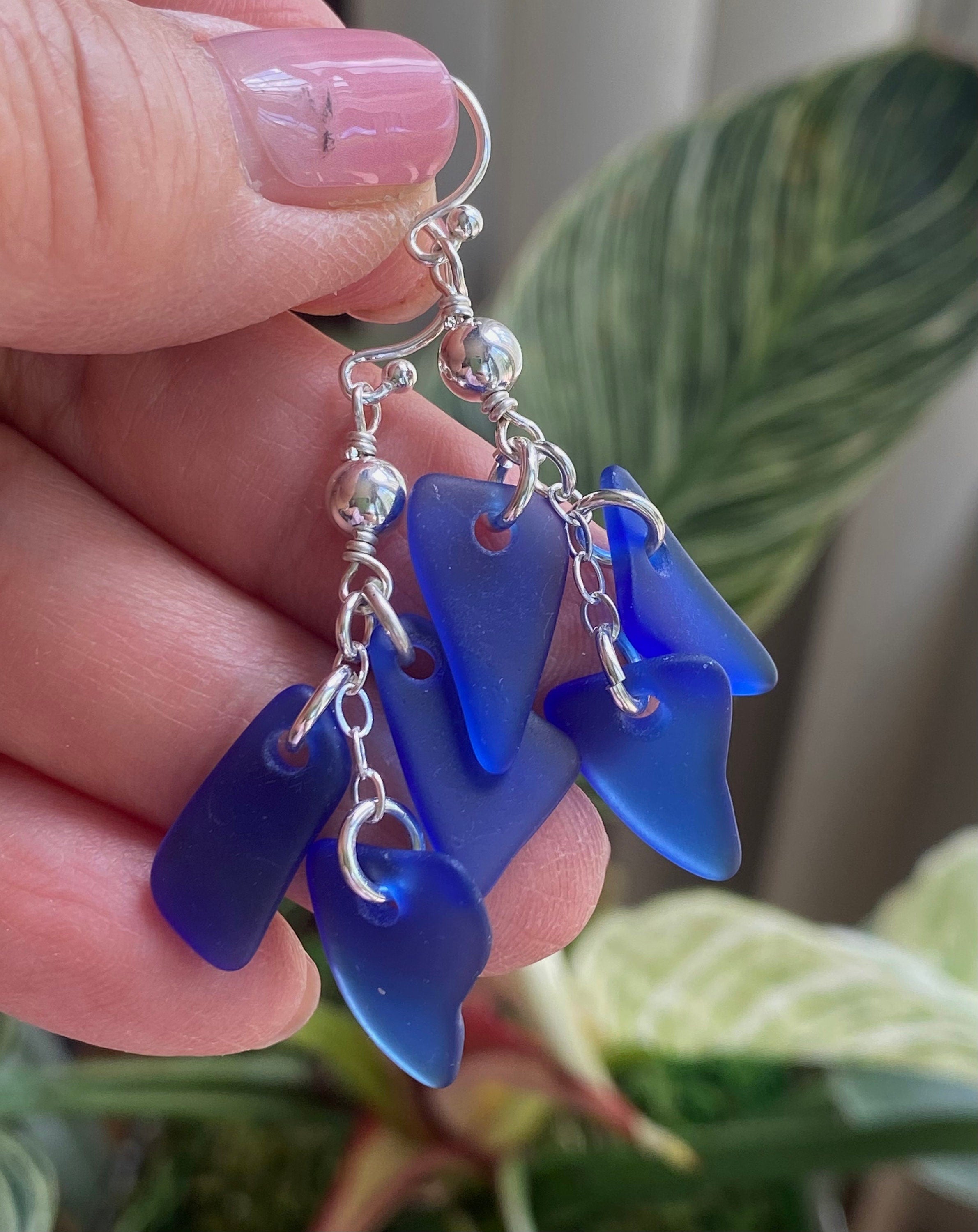 Blue Sea Glass Earrings in Sterling Silver, Cobalt Blue Sea Glass Dangling Earrings, Beach Wedding Jewelry, Coastal Ocean Inspired Jewelry