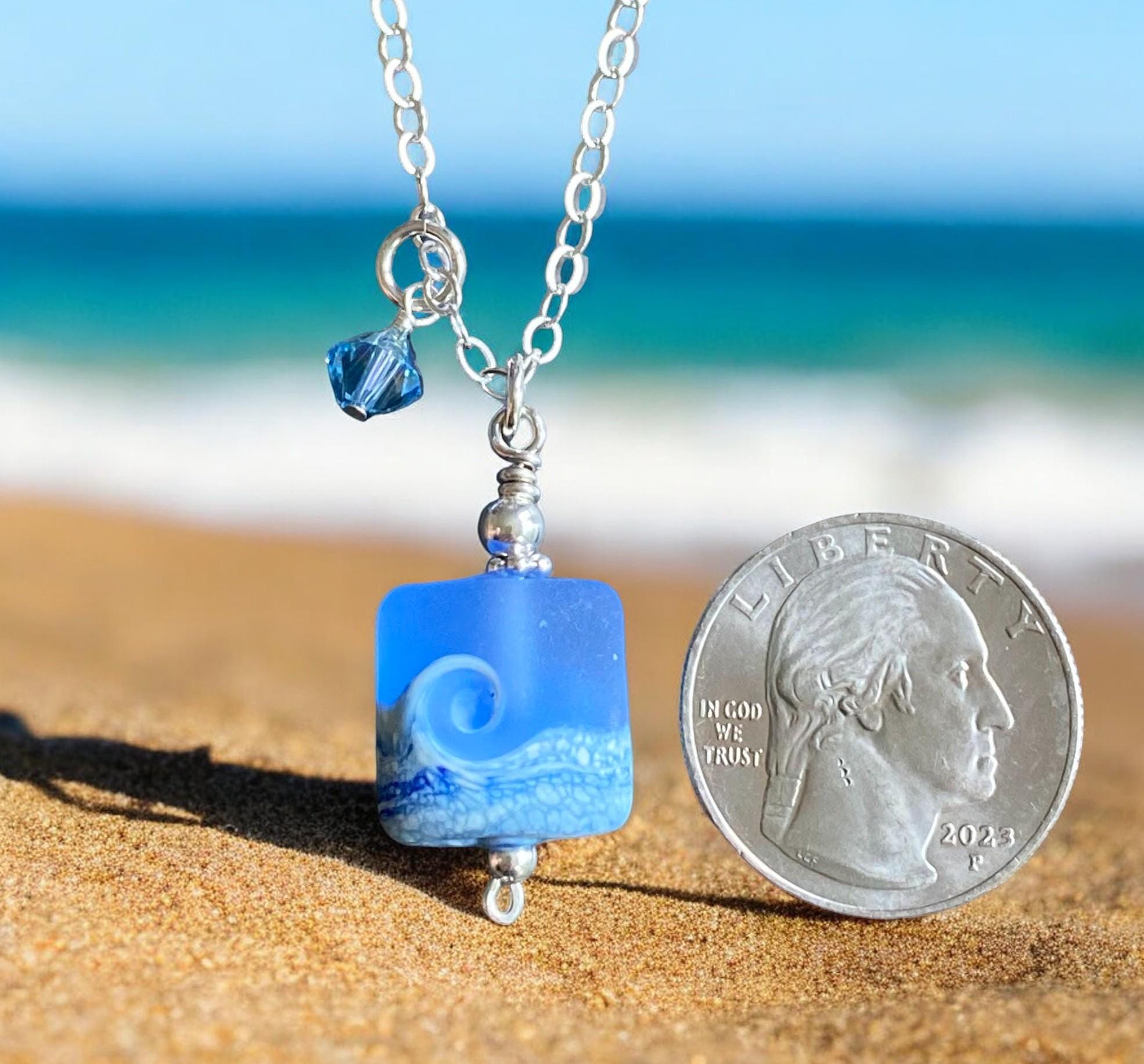Ocean Beach Wave Necklace, Blue Beach Wave Necklace,Ocean Wave Lampwork Pendant, Beach Wave Jewelry, Blue Sea Glass Necklace sterling silver