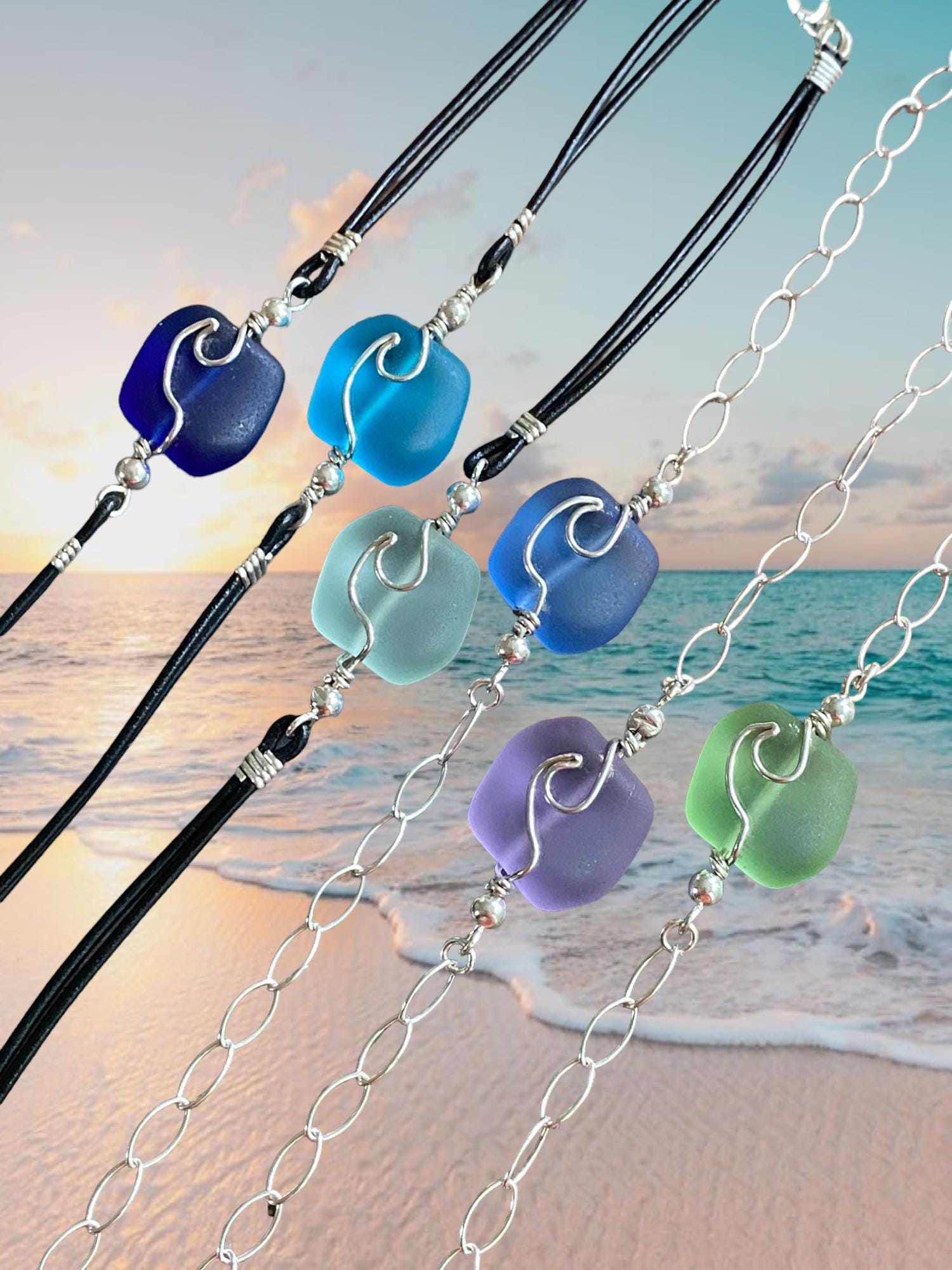 Sterling Silver & Leather Sea Glass Bracelet, Beach Glass Ocean Wave Bracelet, Ocean Wave Bracelet ,Beach Jewelry, Nautical Bracelet,