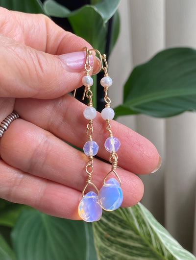 Handmade Moonstone, Pearl & Opalite in Gold Long Dangle Earrings, Elegant Moonstone Long Earrings, June Birthstone Gift for Her