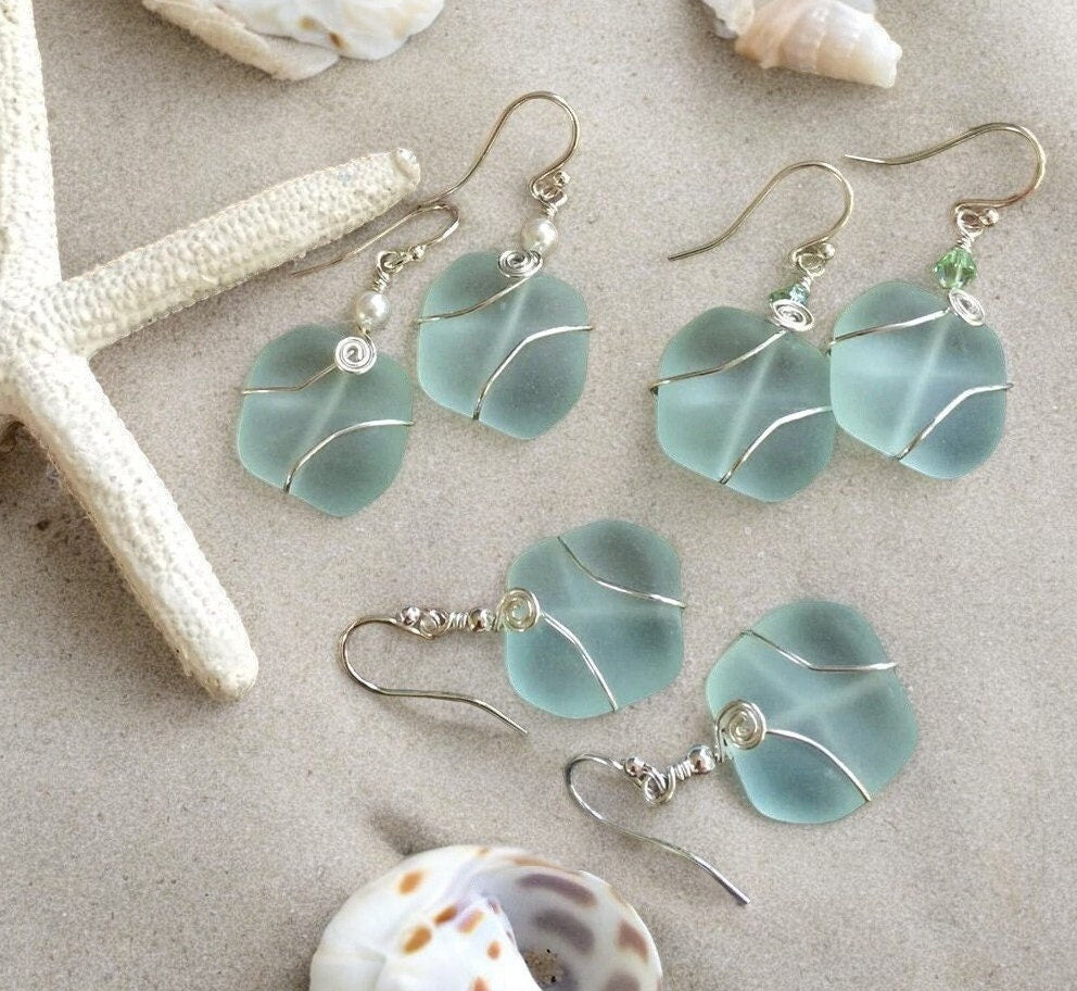 Seafoam Green Sea Glass Silver Earrings-Green  Recycled Glass Earrings in Sterling silver Earwires, Beach Weddings, Sea Glass  earrings