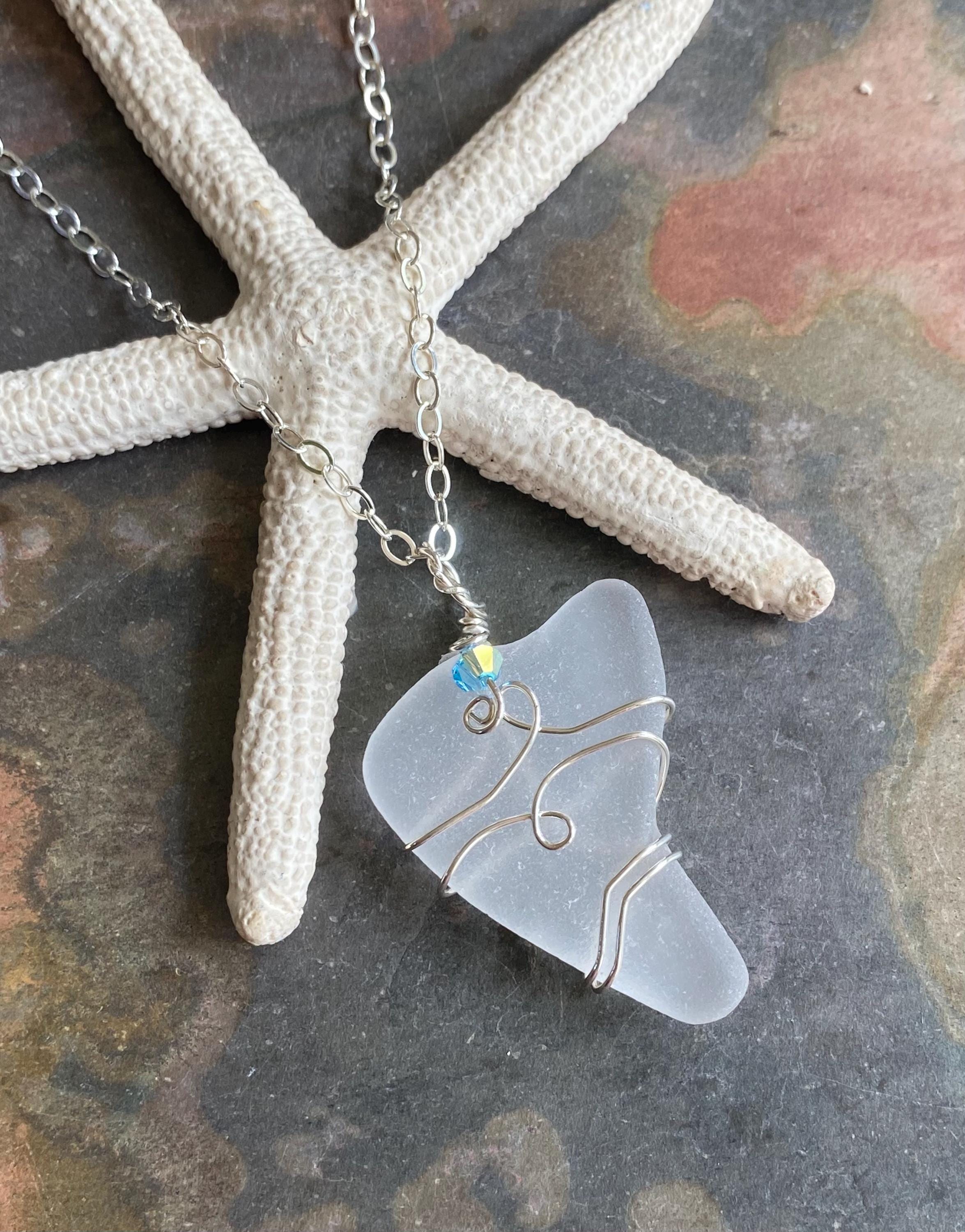 Genuine White Beach Glass Necklace, Wire Wrapped Naturally Tumbled Sea Glass Necklace, White Sea Glass Pendant Necklace in Sterling Silver