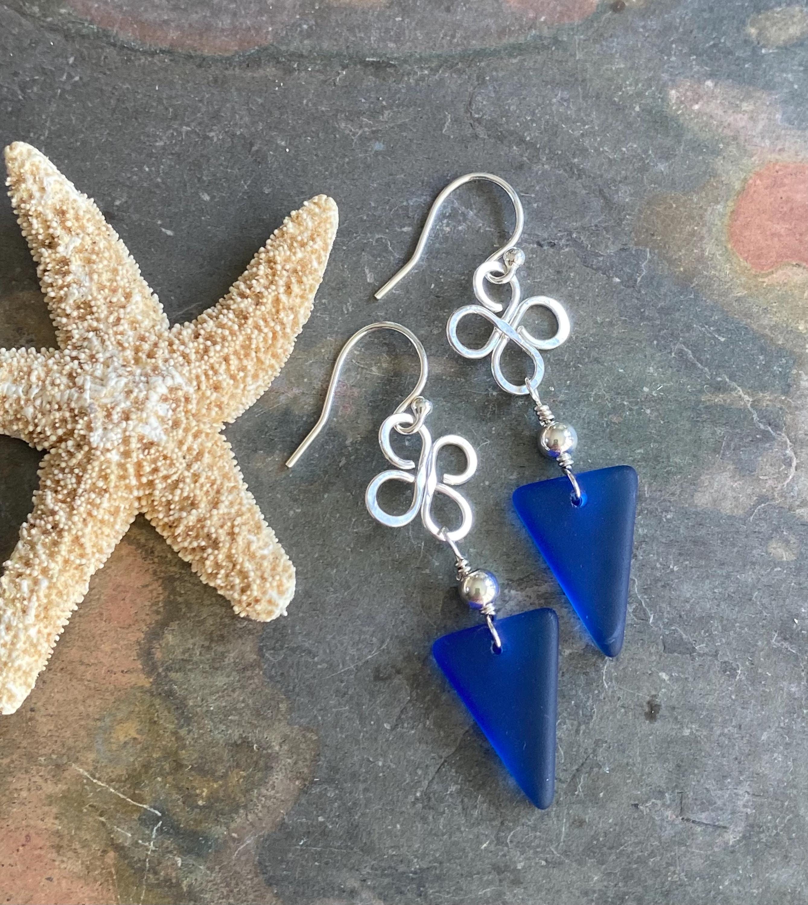 Celtic Inspired Sea Glass Dangling Earrings, Sterling Silver Clover Coastal Style Sea Glass Jewelry, Wired Lucky Charm Sea Glass Earrings