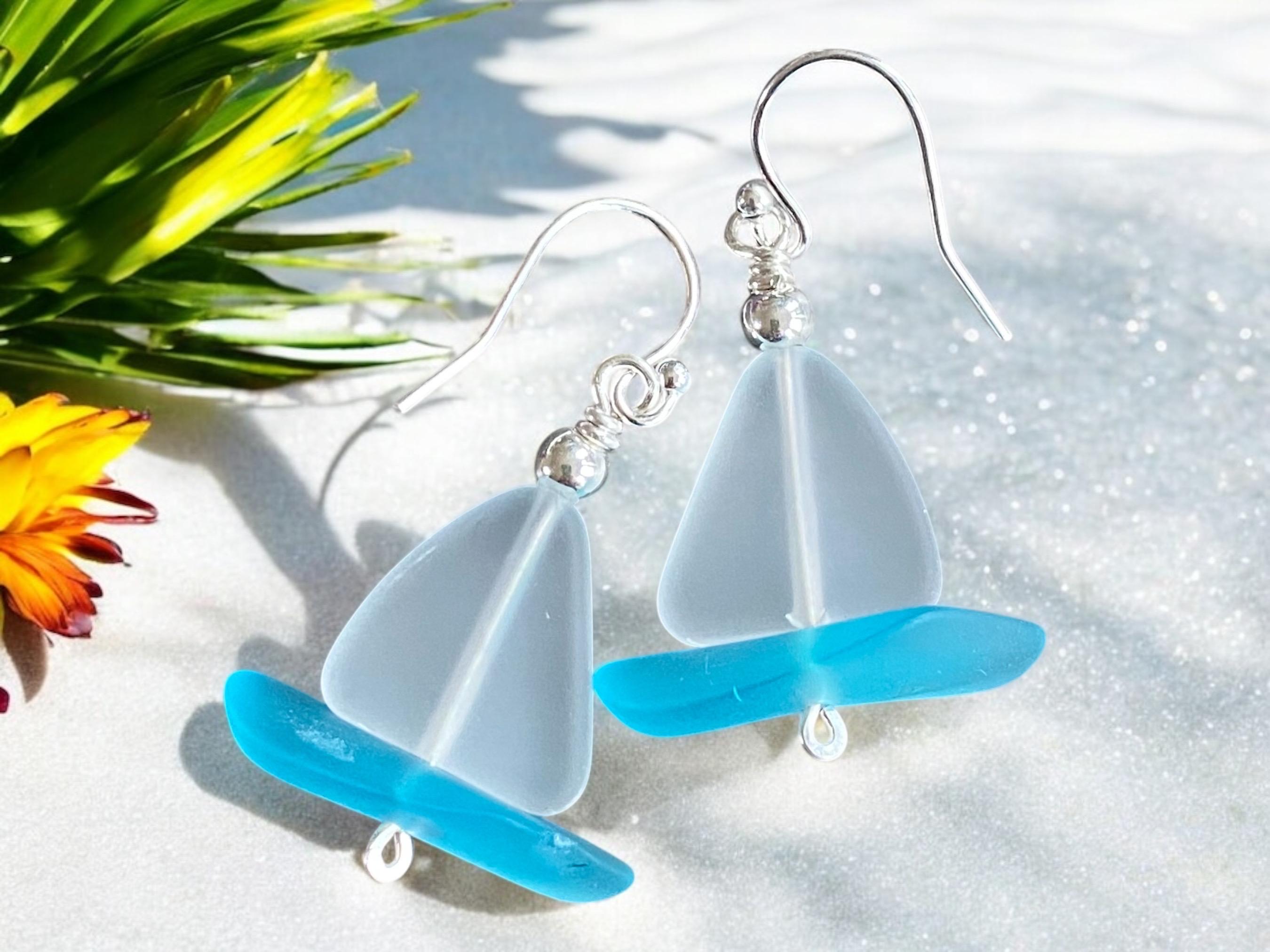 Nautical White Sea Glass Sailboat Necklace & Earring SET in Sterling Silver, Ocean-Inspired Beach Glass Sailboat Necklace and Earring SET,