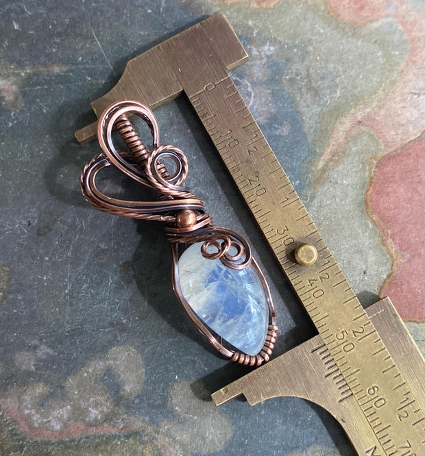 June Birthstone Pendant Necklace, Rainbow Moonstone Necklace,Wire Wrapped Moonstone Jewelry, Antiqued Copper Blue flashMoonstone Jewelry,