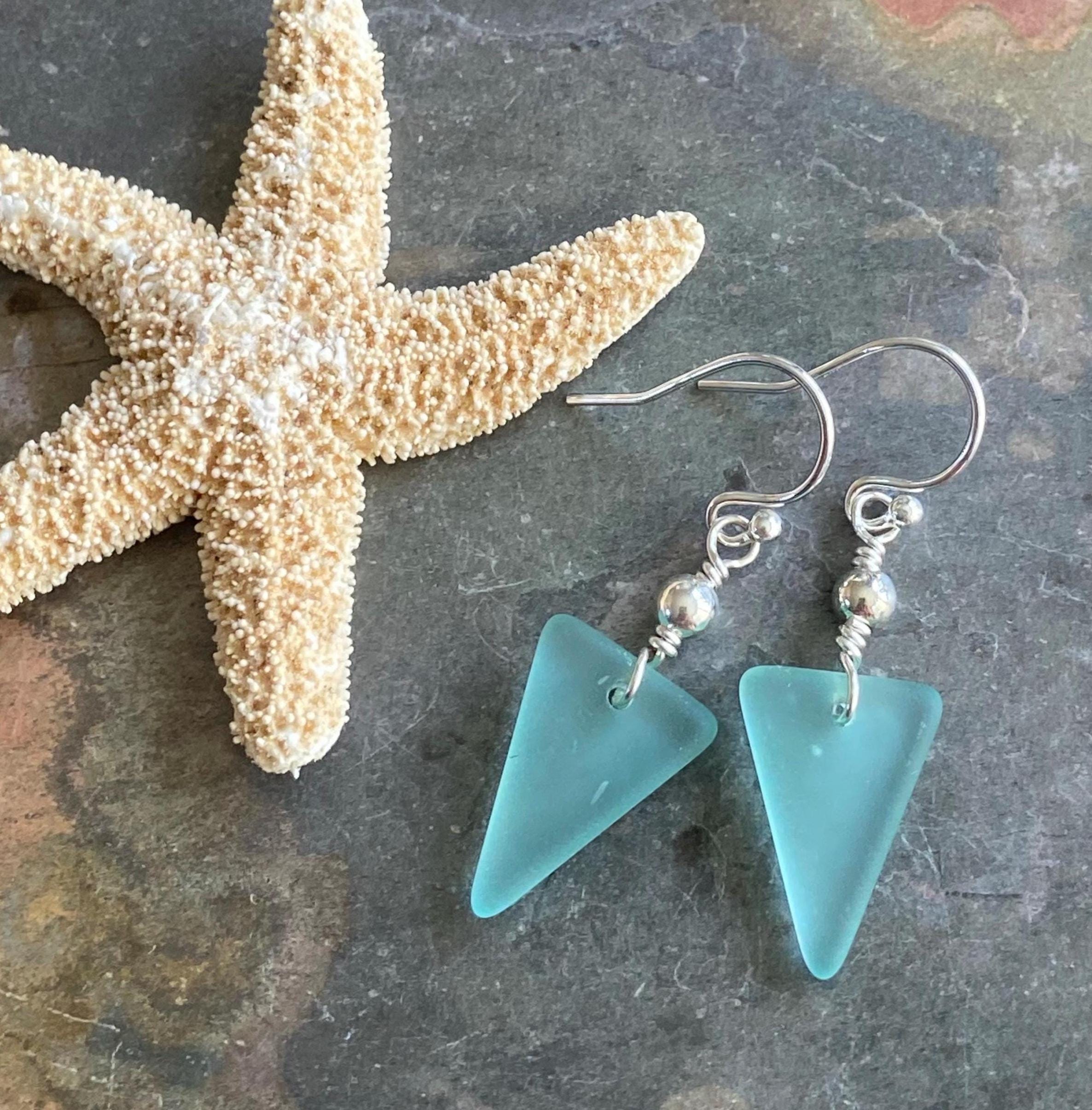 Seafoam Sea glass Triangle designed Earring in Sterling Silver, Wire Wrapped Sea Glass Earrings, Everyday Casual Dangling  Earrings,