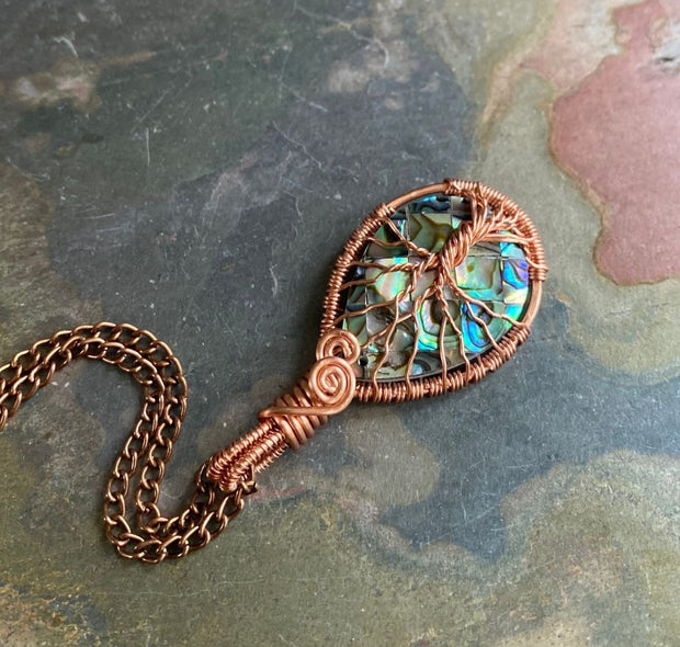 Abalone Tree of Life Copper wire Pendant, Wire Wrapped Abalone Paua Tree of Life Pendant Necklace, Tree of Life Pendant
