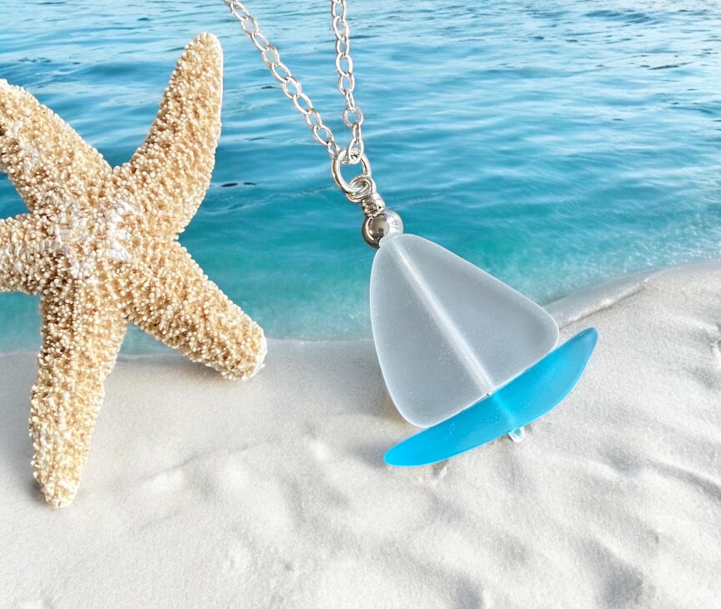 Nautical White Sea Glass Sailboat Necklace & Earring SET in Sterling Silver, Ocean-Inspired Beach Glass Sailboat Necklace and Earring SET,