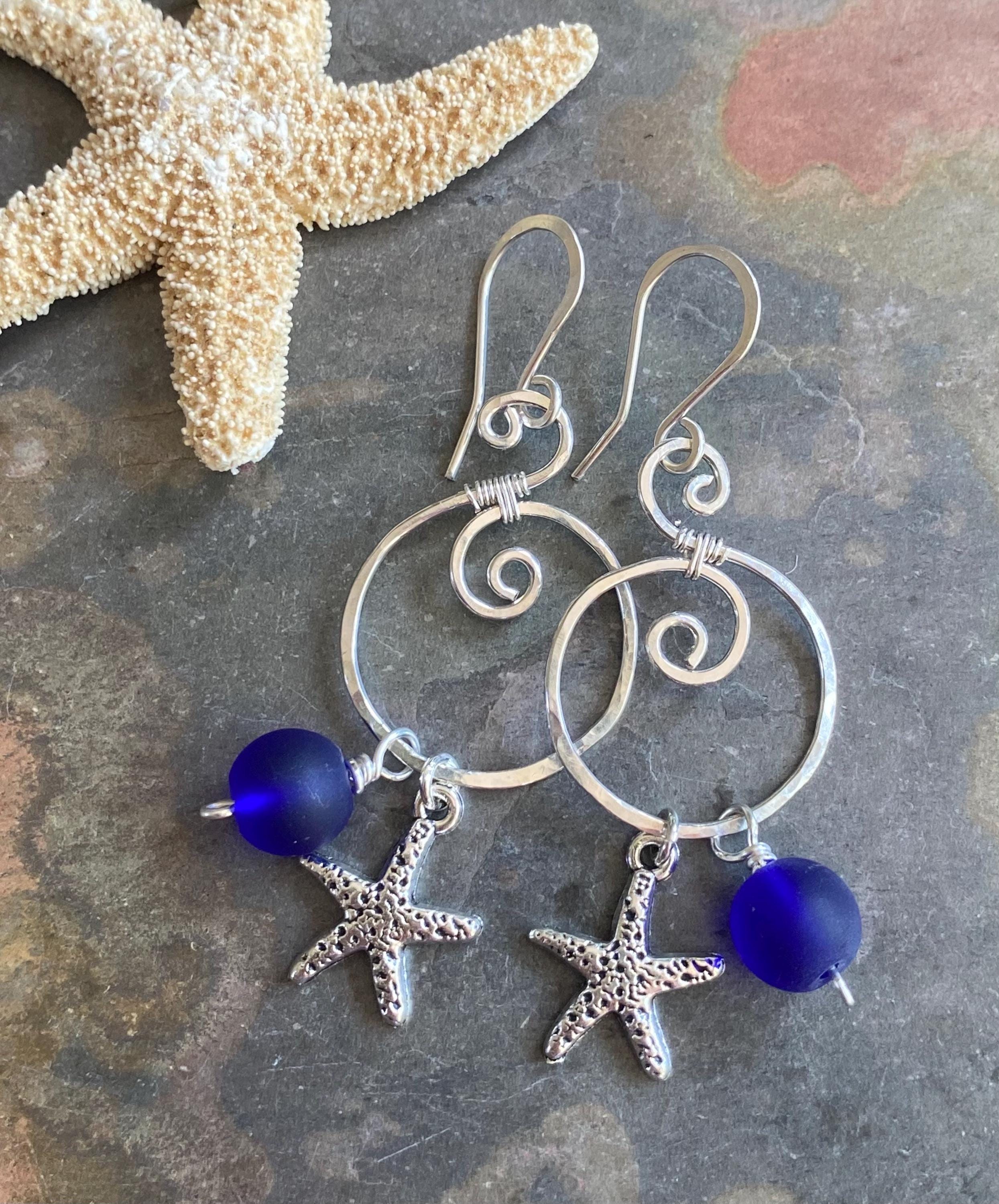 Blue Sea Glass Starfish Silver Charm Dangling Earrings, Spiral Design Sea Glass Nautical Design Earrings, Coastal Ocean Theme Earrings