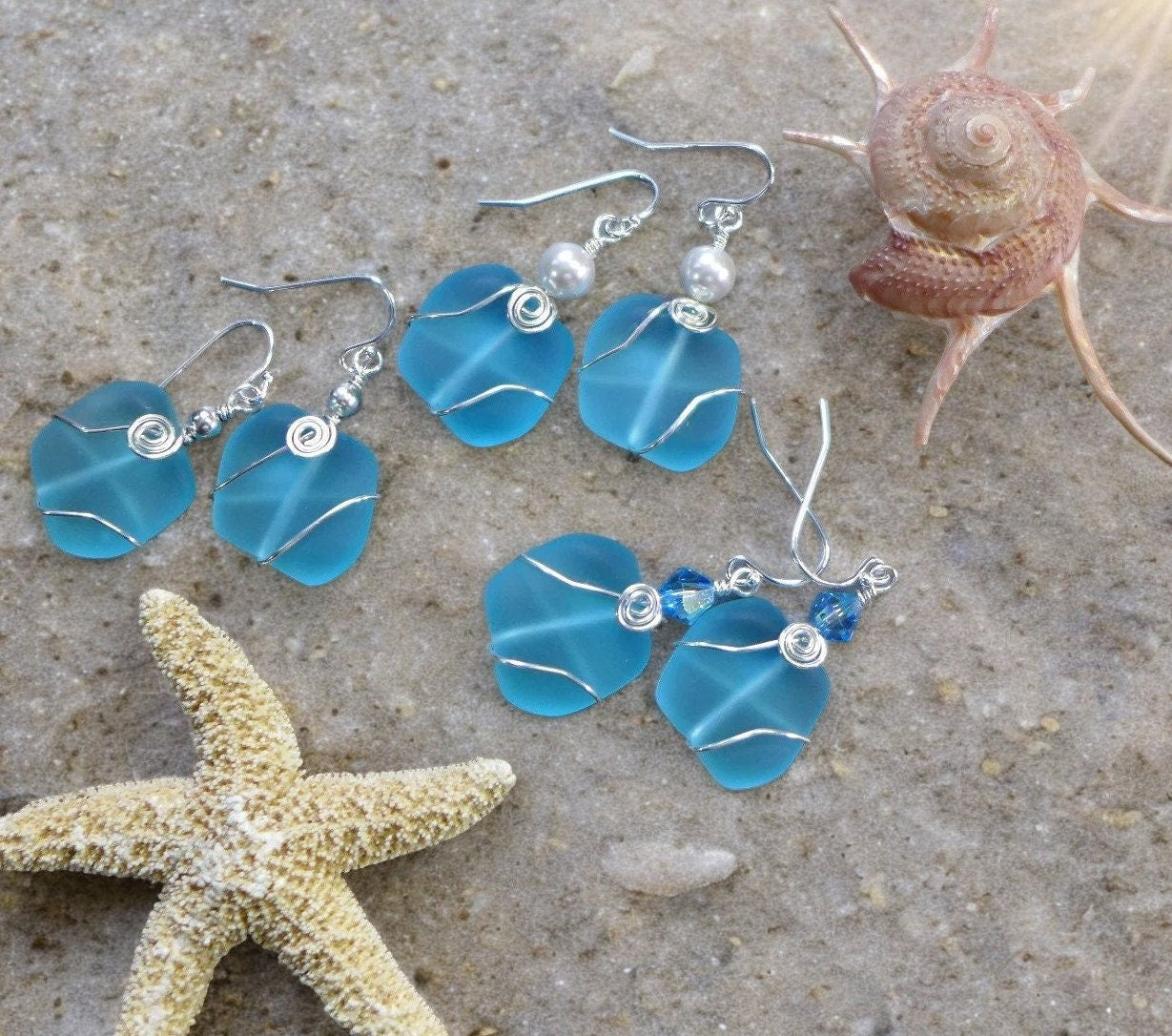 Beach Earrings,Aqua Blue Sea Glass Earrings in Sterling Silver, Aqua Blue Sea Glass Earrings, Beach Weddings, Aqua Blue  Dangling  Earrings