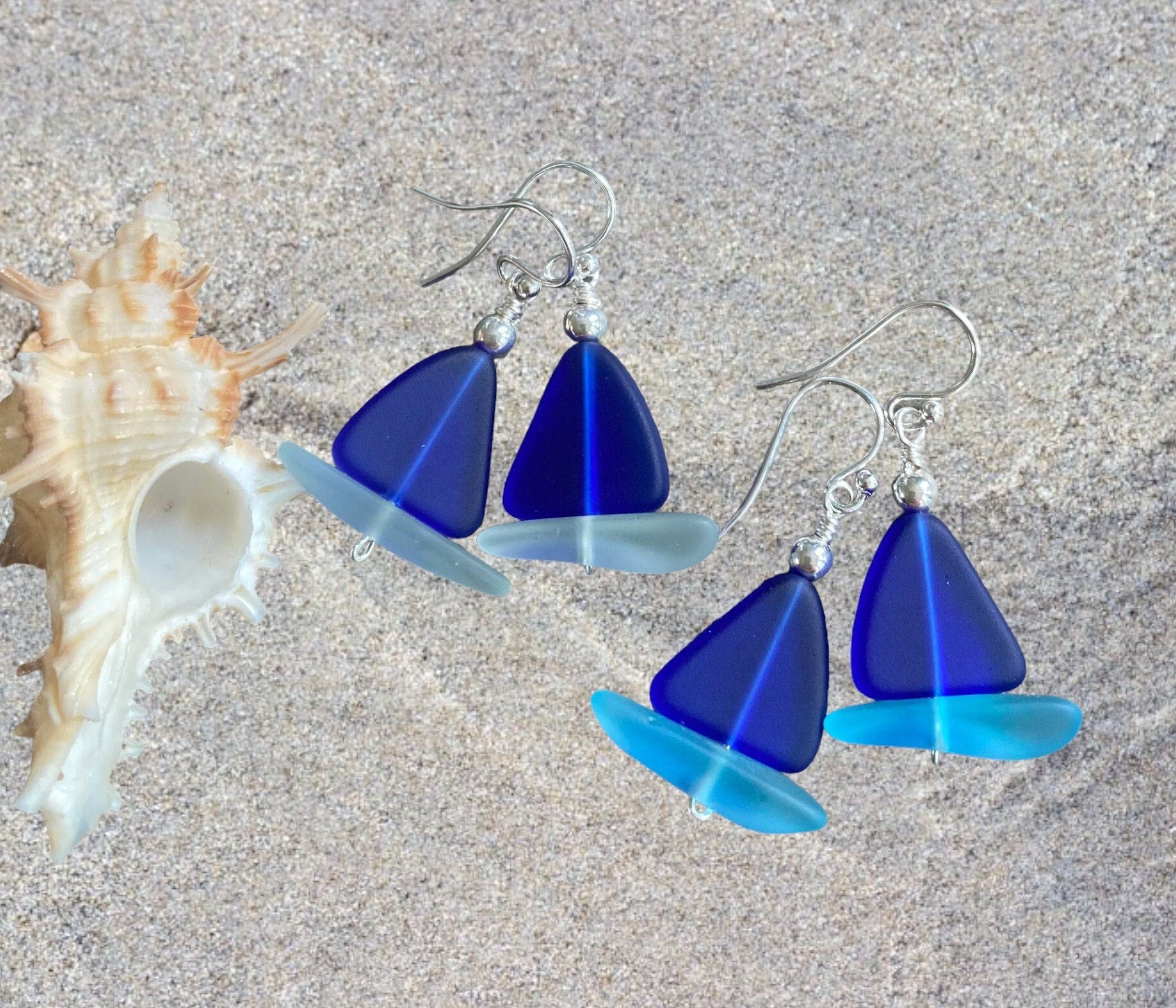 STERLING SILVER Sailboat Sea Glass Earrings, Cobalt Blue Sea Glass Earrings, Blue Sea Glass Earrings, Beach Weddings,, Sea glass