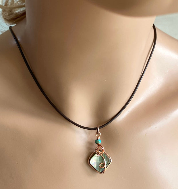 Abalone Necklace, Wire Wrapped Abalone Pendant in Copper, Abalone Jewelry, Rainbow Abalone Necklace, Necklace for Women, Summer Necklace