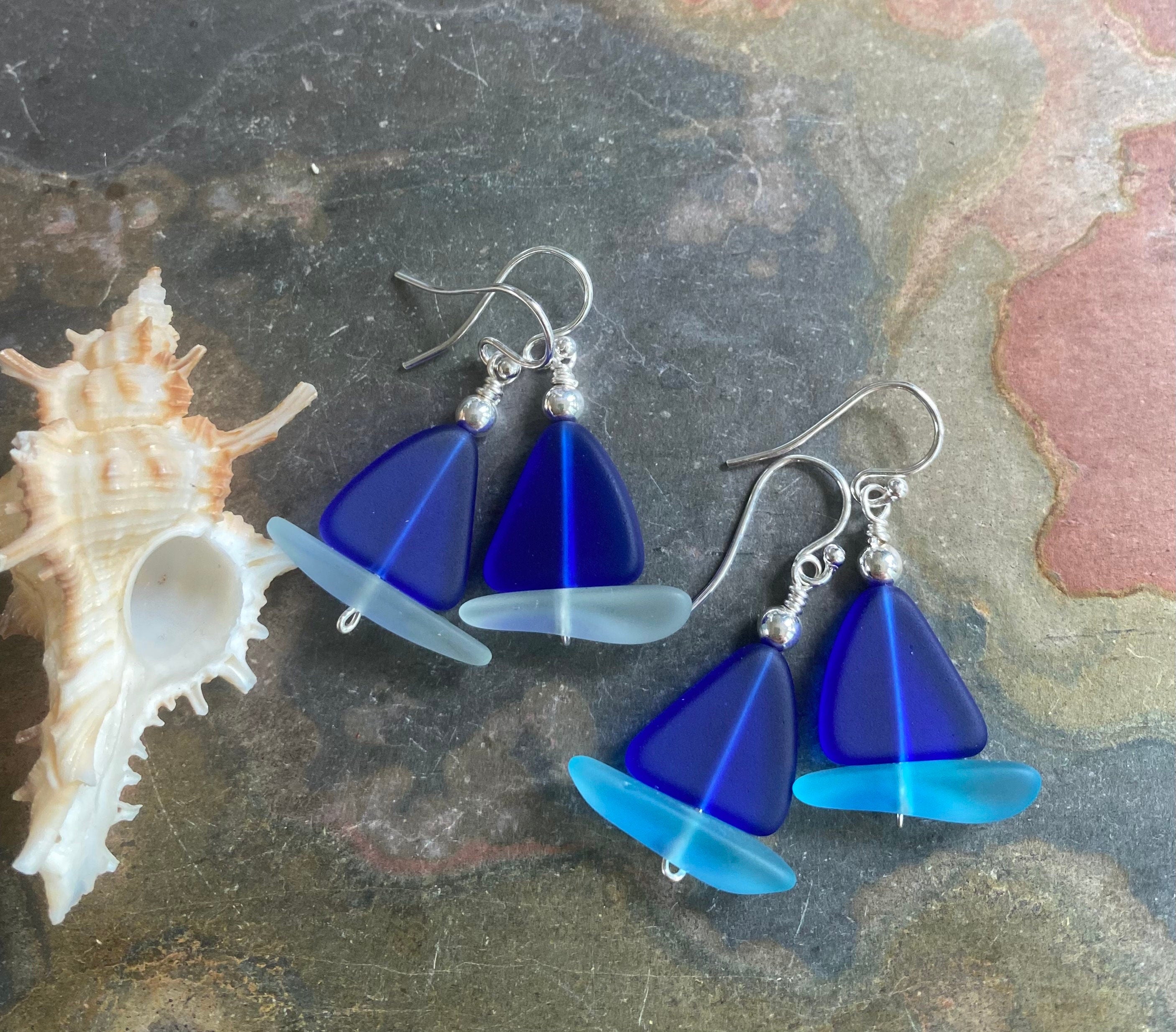 STERLING SILVER Sailboat Sea Glass Earrings, Cobalt Blue Sea Glass Earrings, Blue Sea Glass Earrings, Beach Weddings,, Sea glass