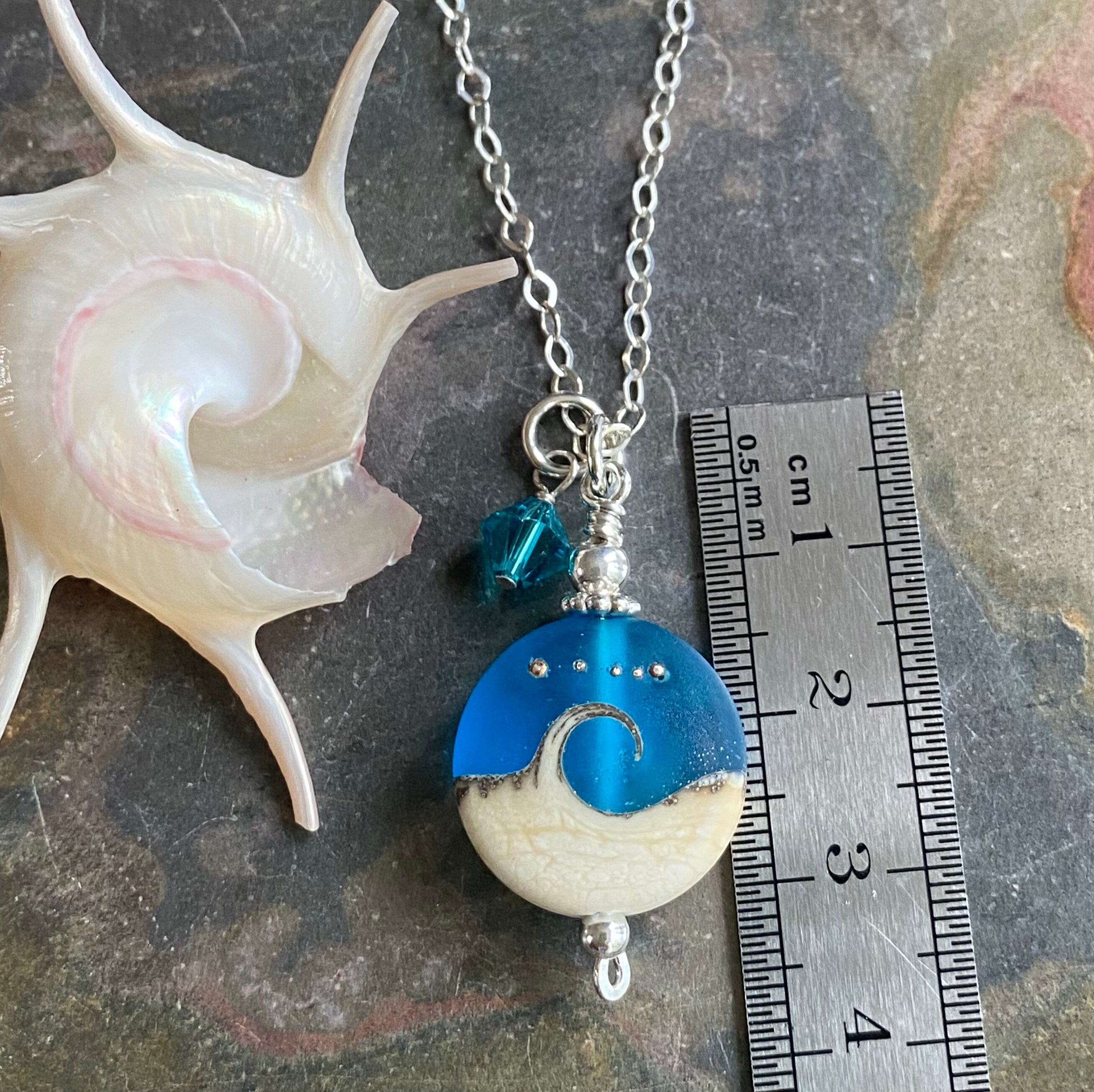 Blue Beach Wave Necklace in .925 Sterling Silver, Ocean Wave Necklace, Blue Beach Wave Sea Glass Necklace ,Wave Lampwork Pendant Necklace