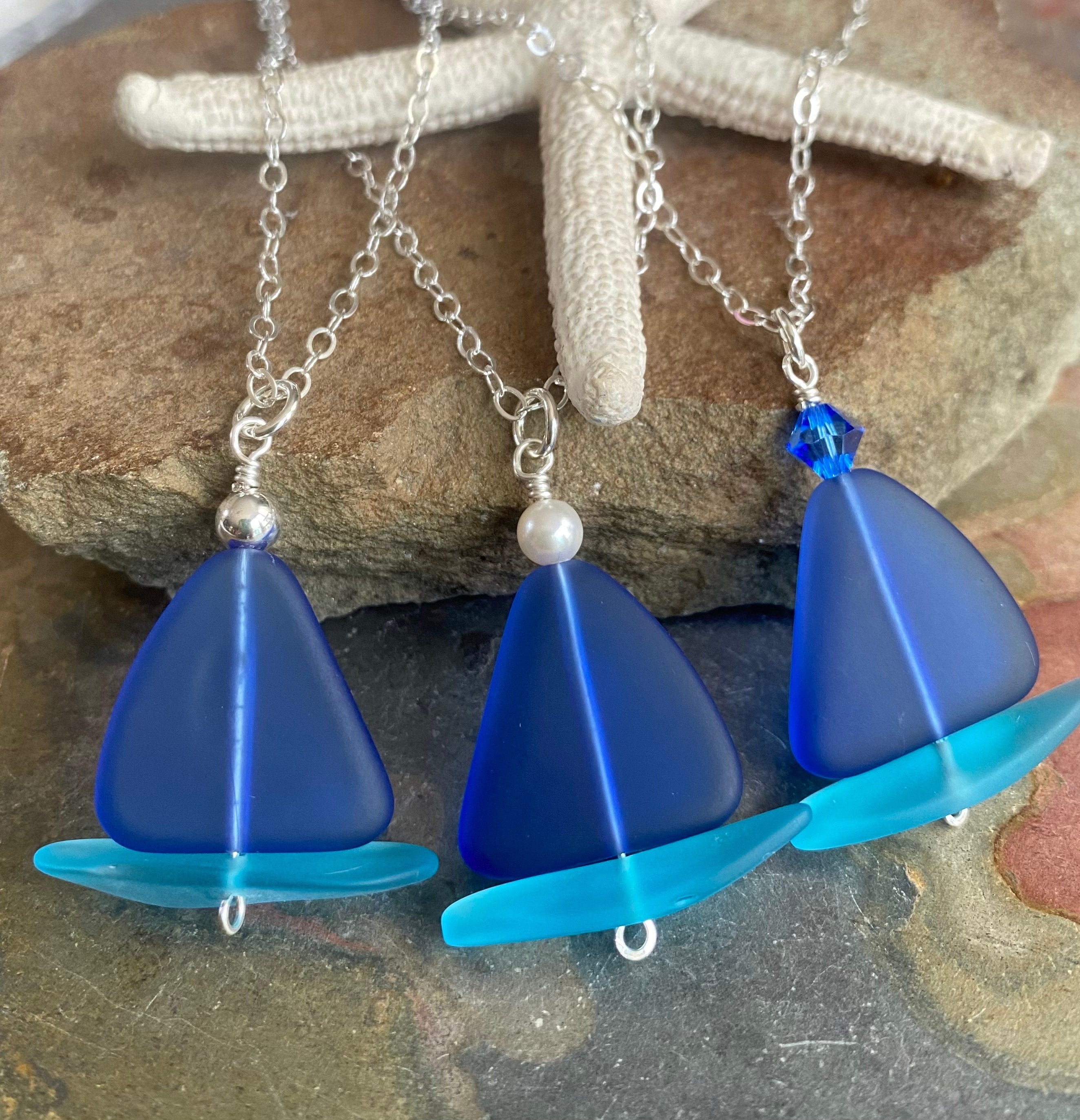 Sterling Silver Sailboat Necklace with chain,Beach Glass Necklace, Cobalt Blue Sea Glass Necklace,Beach Weddings,Bridesmaid Necklace/jewelry