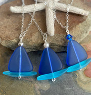 Sterling Silver Sailboat Necklace with chain,Beach Glass Necklace, Cobalt Blue Sea Glass Necklace,Beach Weddings,Bridesmaid Necklace/jewelry