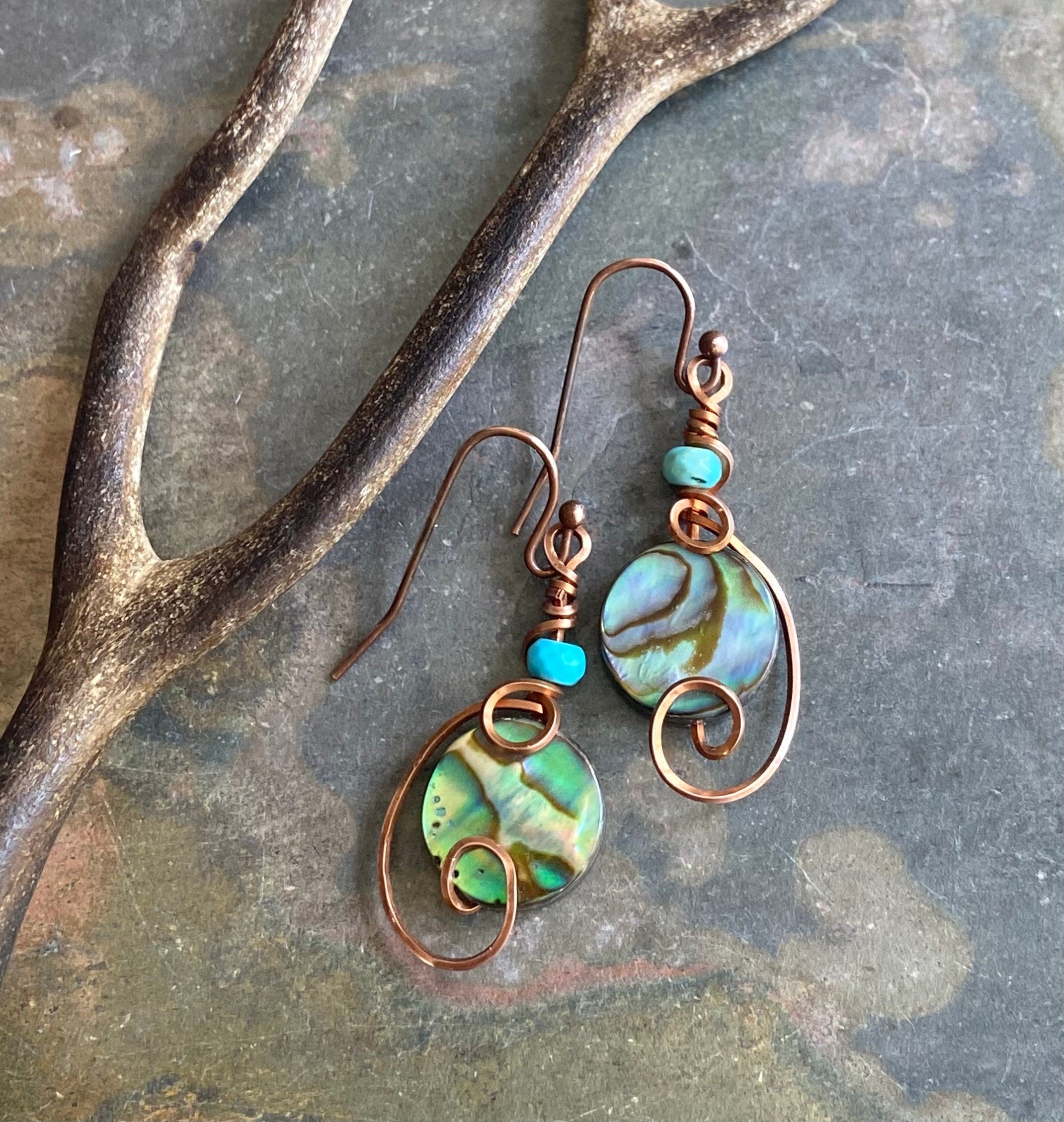 Abalone Earrings, Wire Wrapped Abalone Earrings in Antiqued Copper Wire, Abalone Paua Shell Earring, Abalone Shell Jewelry,