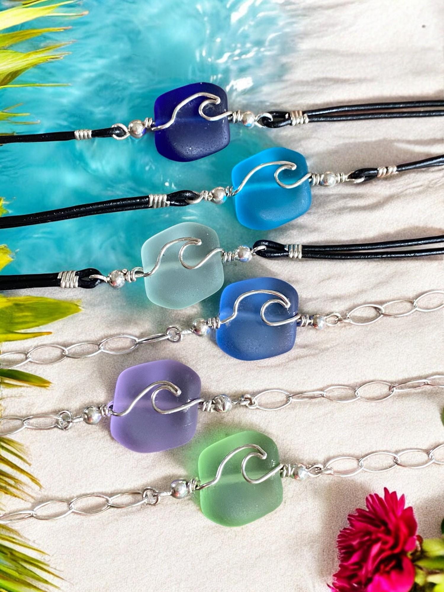Sterling Silver & Leather Sea Glass Bracelet, Beach Glass Ocean Wave Bracelet, Ocean Wave Bracelet ,Beach Jewelry, Nautical Bracelet,