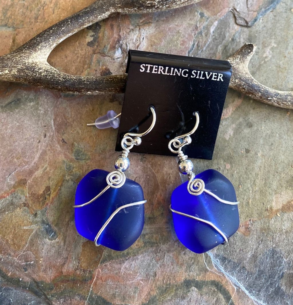 Unique artisan-crafted blue sea glass earrings, Cobalt Blue Sea Glass Earrings in Sterling Silver, Beach Weddings, Blue Sea glass Earrings,