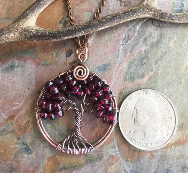 Garnet Necklace in Copper,Garnet tree of Life Necklace,Wire Wrapped Garnet Tree of Life,January Birthstone Tree of Life Jewelry, Red Garnet