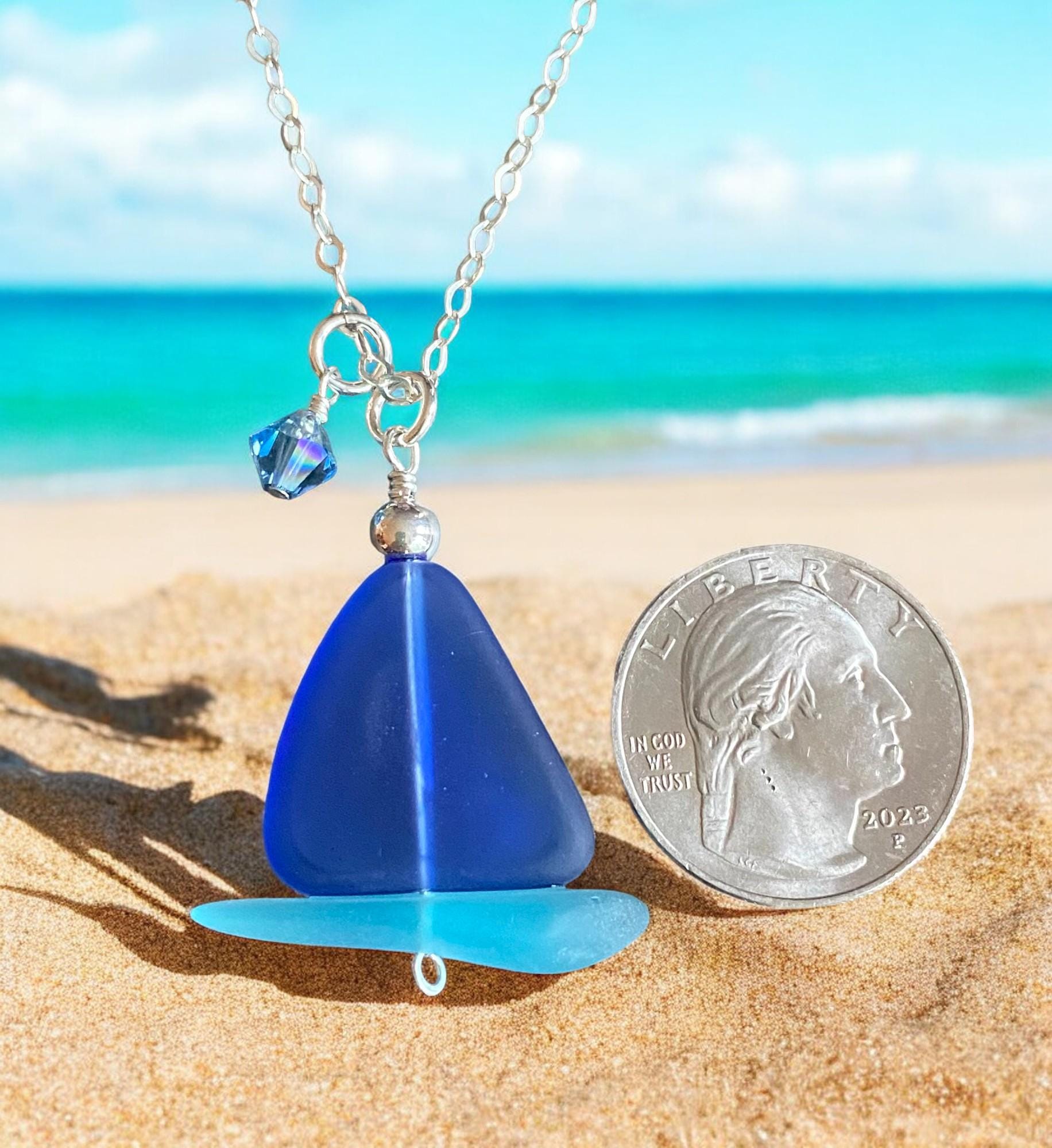 Handmade Sail Boat Blue Sea Glass Necklace in Sterling Silver, Blue Sea Glass Necklace, Beach-inspired blue sea glass Sail Boat Necklace