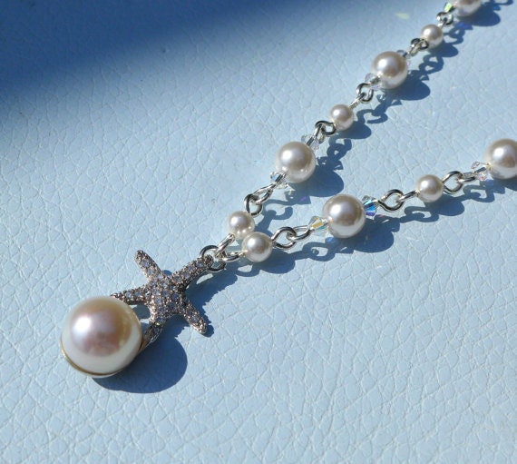 Starfish Pearl Charm Necklace, Beach Theme Crystal Pearl Necklace, Earrings, Starfish Beach Theme Bridal/Bridesmaid Necklace and Earrings